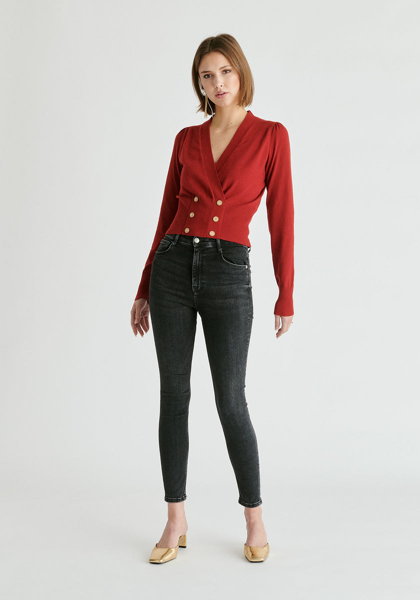 Long Sleeve Knitted Button Wrap Top in Burgundy | Knitwear – Paisie