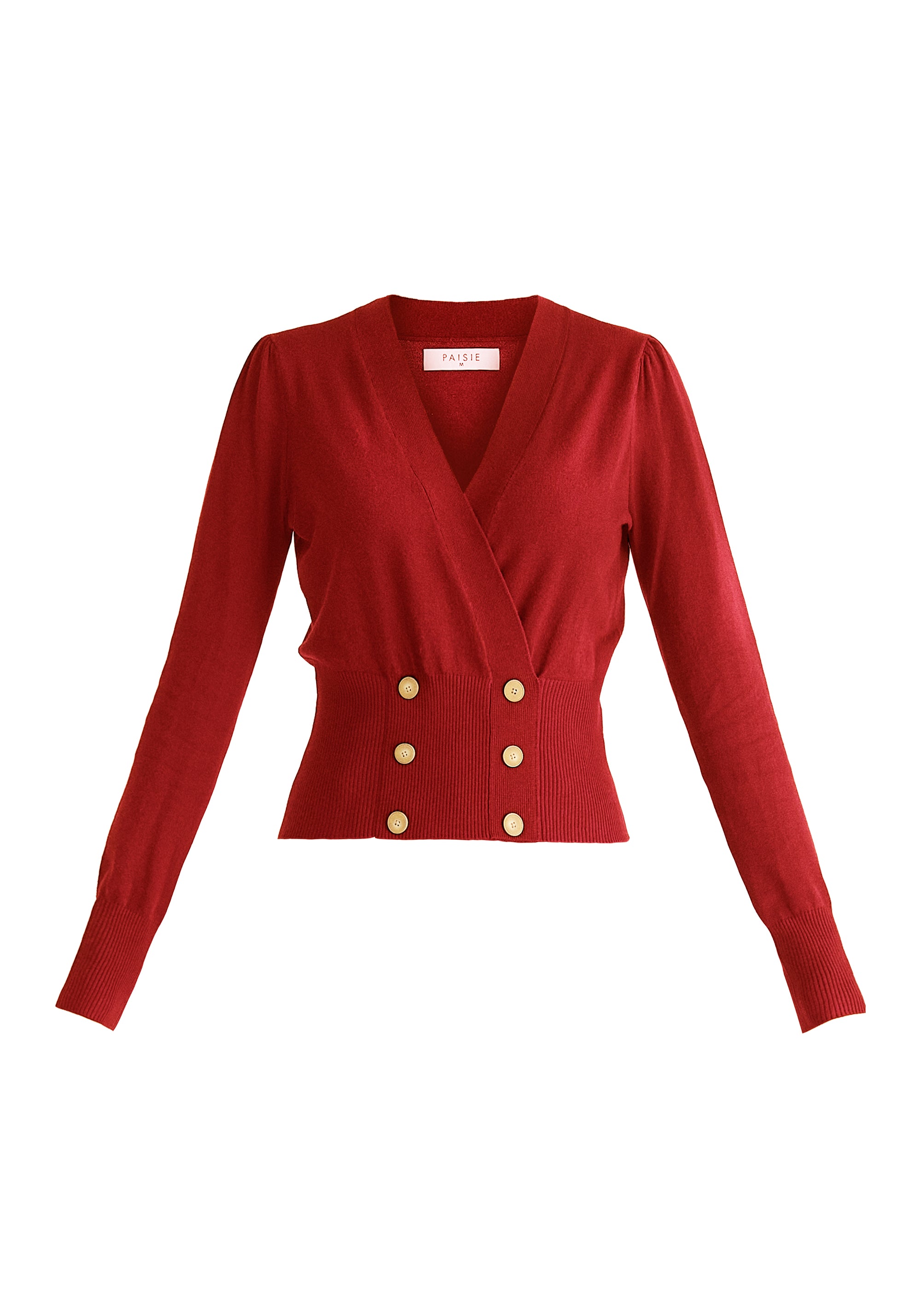 Long Sleeve Knitted Button Wrap Top in Burgundy Cutout