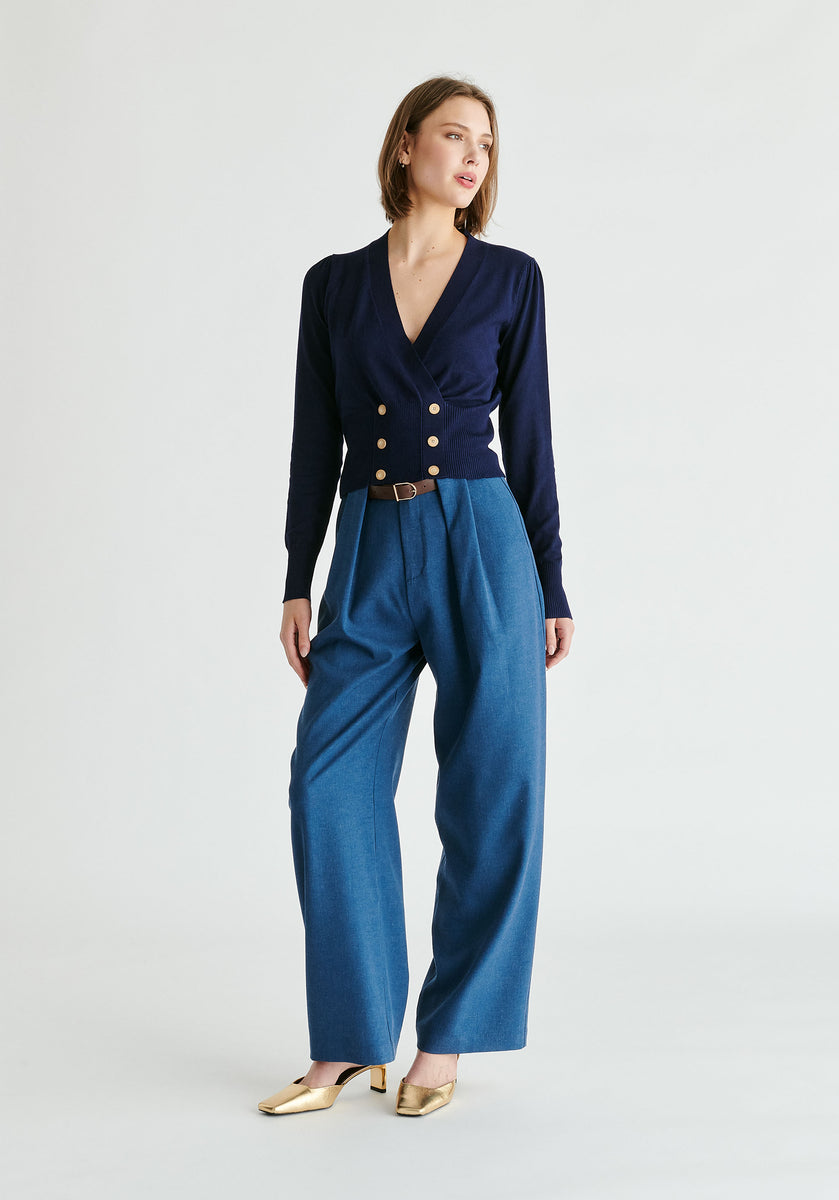 Long Sleeve Knitted Button Wrap Top in Navy | Knitwear – Paisie
