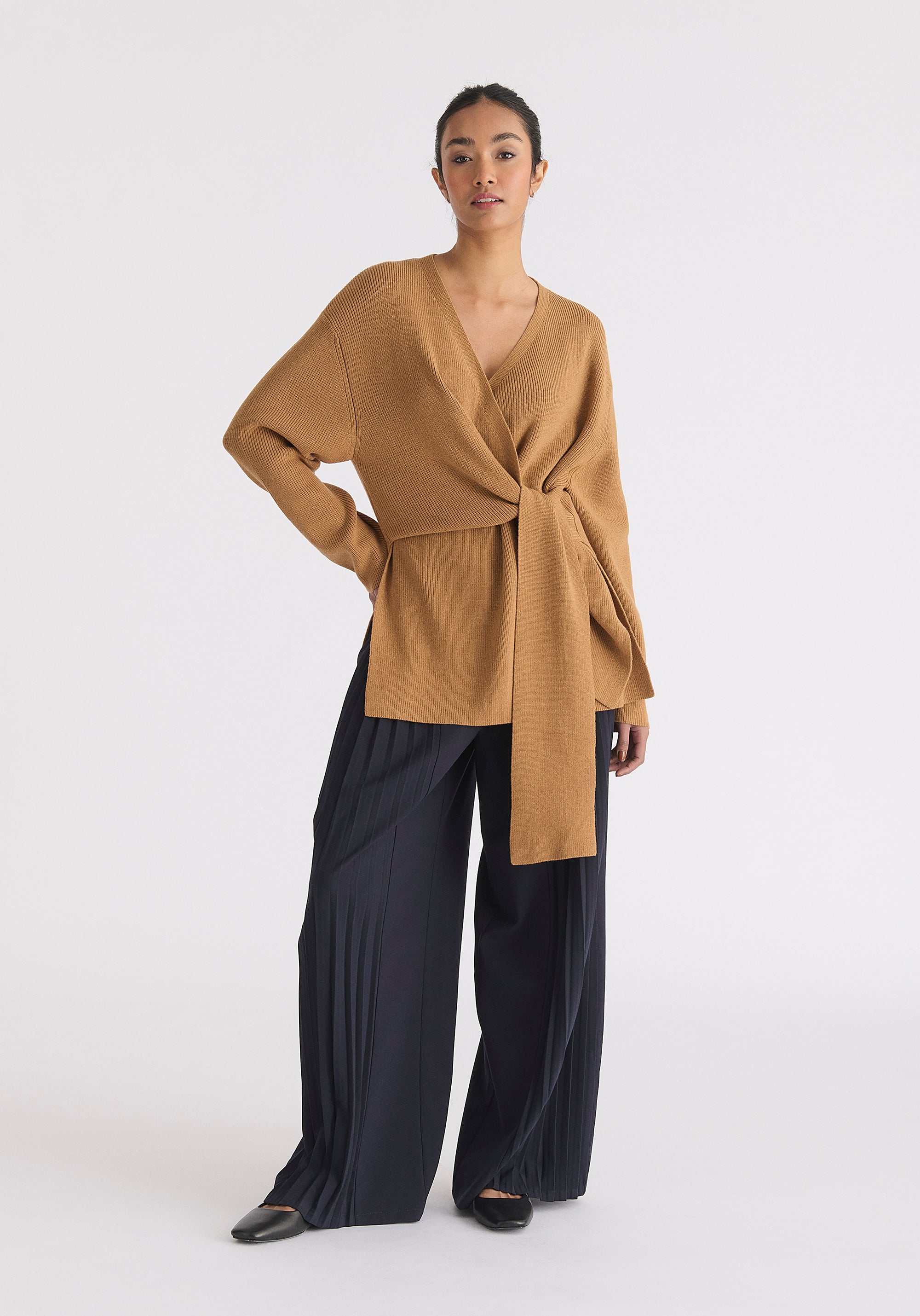Wrap Side Tie Knit Jumper in Camel