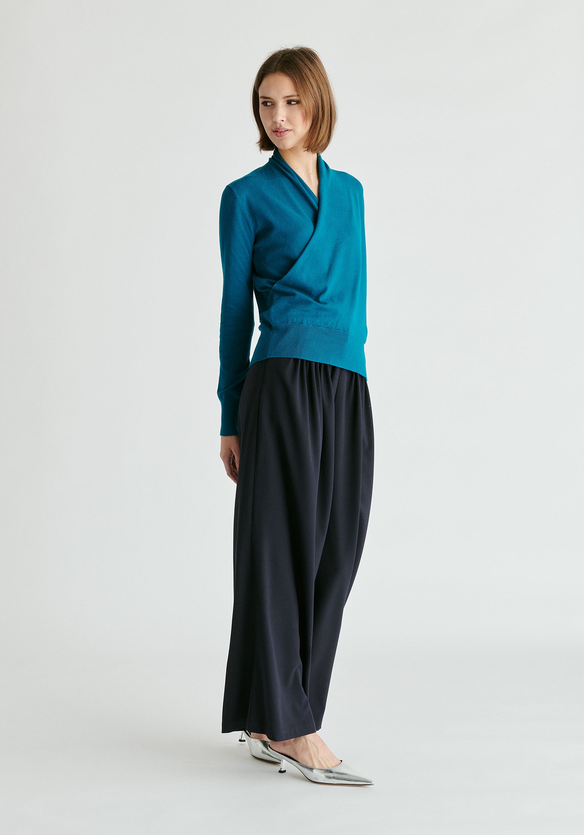 Long Sleeve Knitted Wrap Top in Turquoise