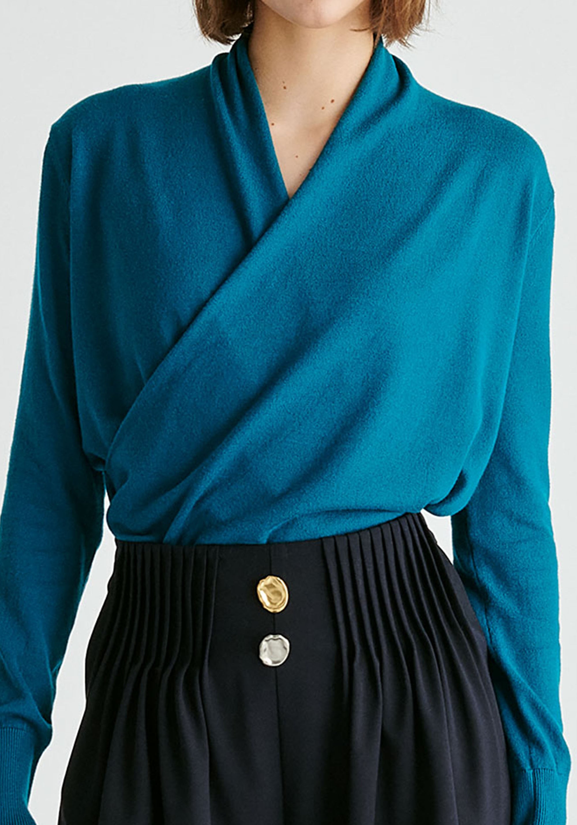 Long Sleeve Knitted Wrap Top in Turquoise Closeup