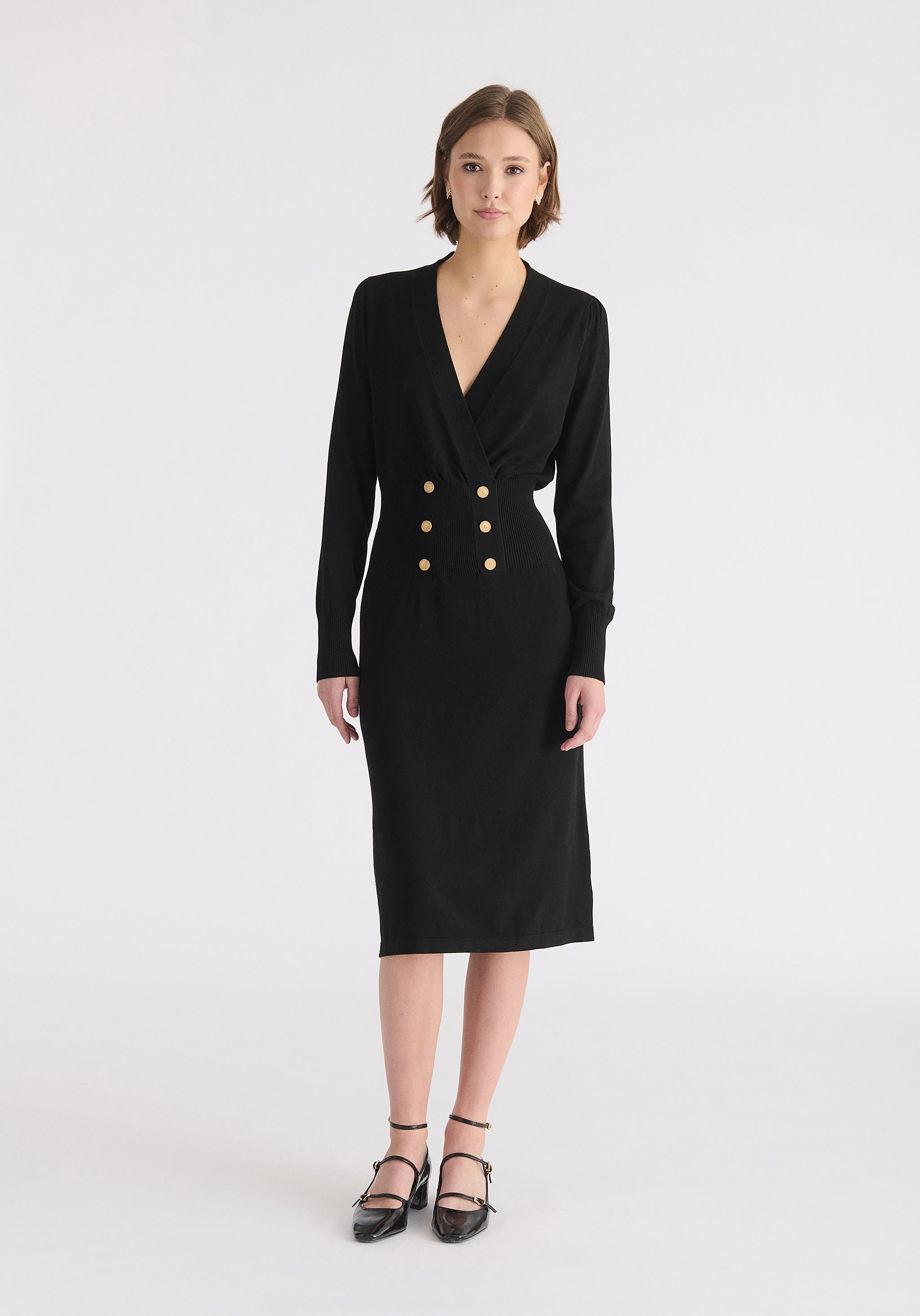 Long Sleeve Knitted Button Wrap Dress in Black Long Sleeve Knitted Button Wrap Dress in Black