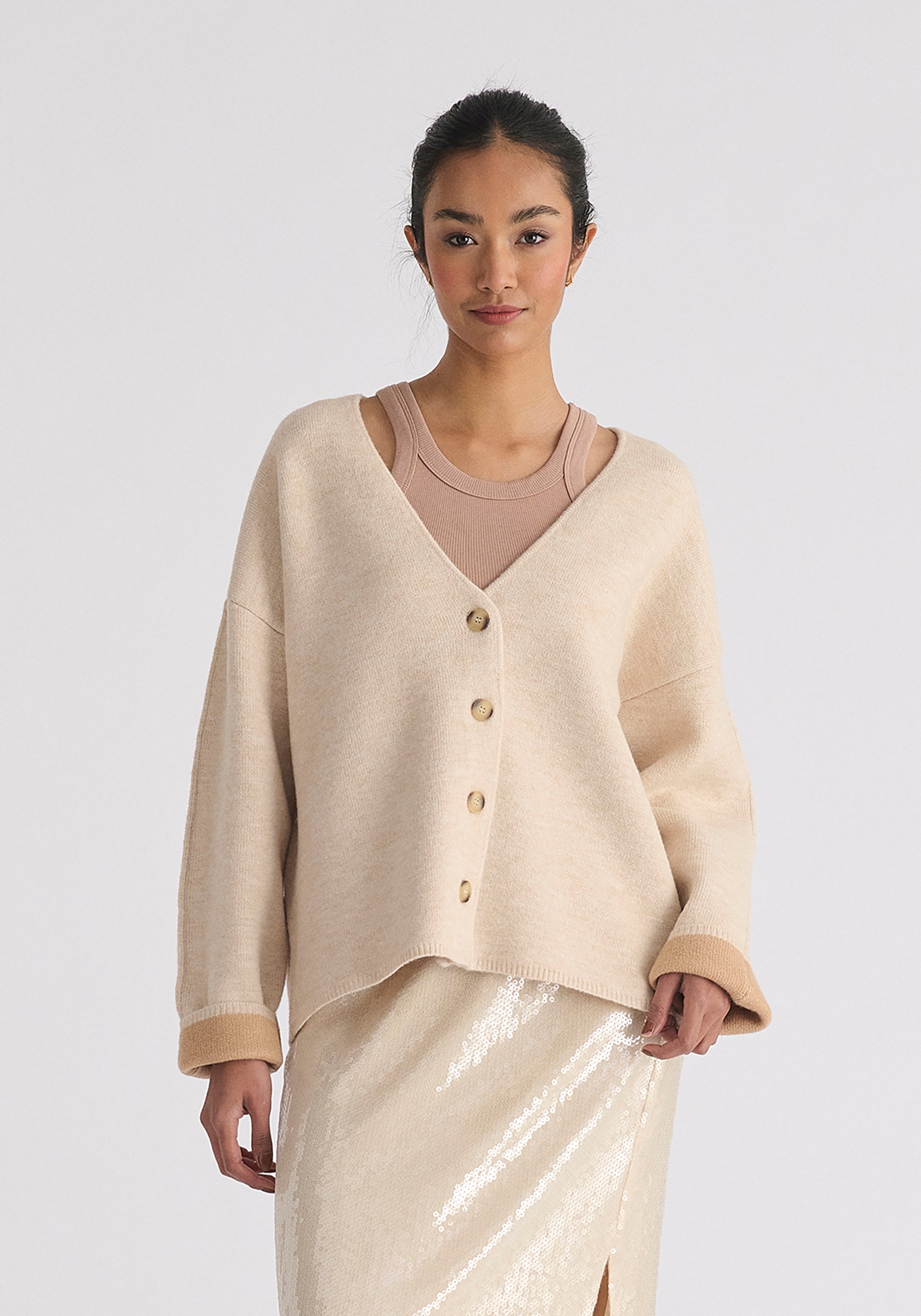 Two-Tone Cardigan in Cream | Knitwear – Paisie