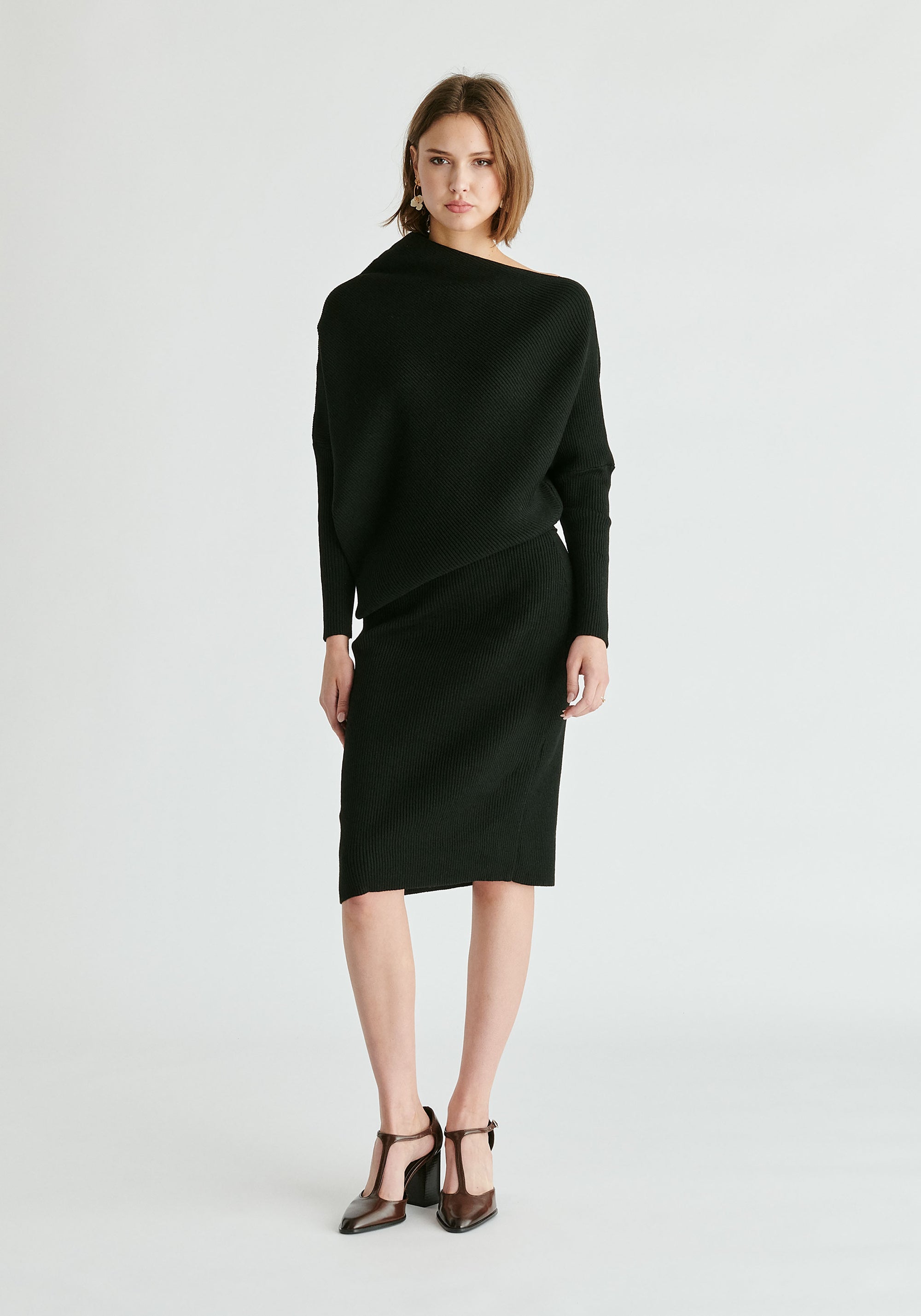 Draped Knitted Dress in Black Front