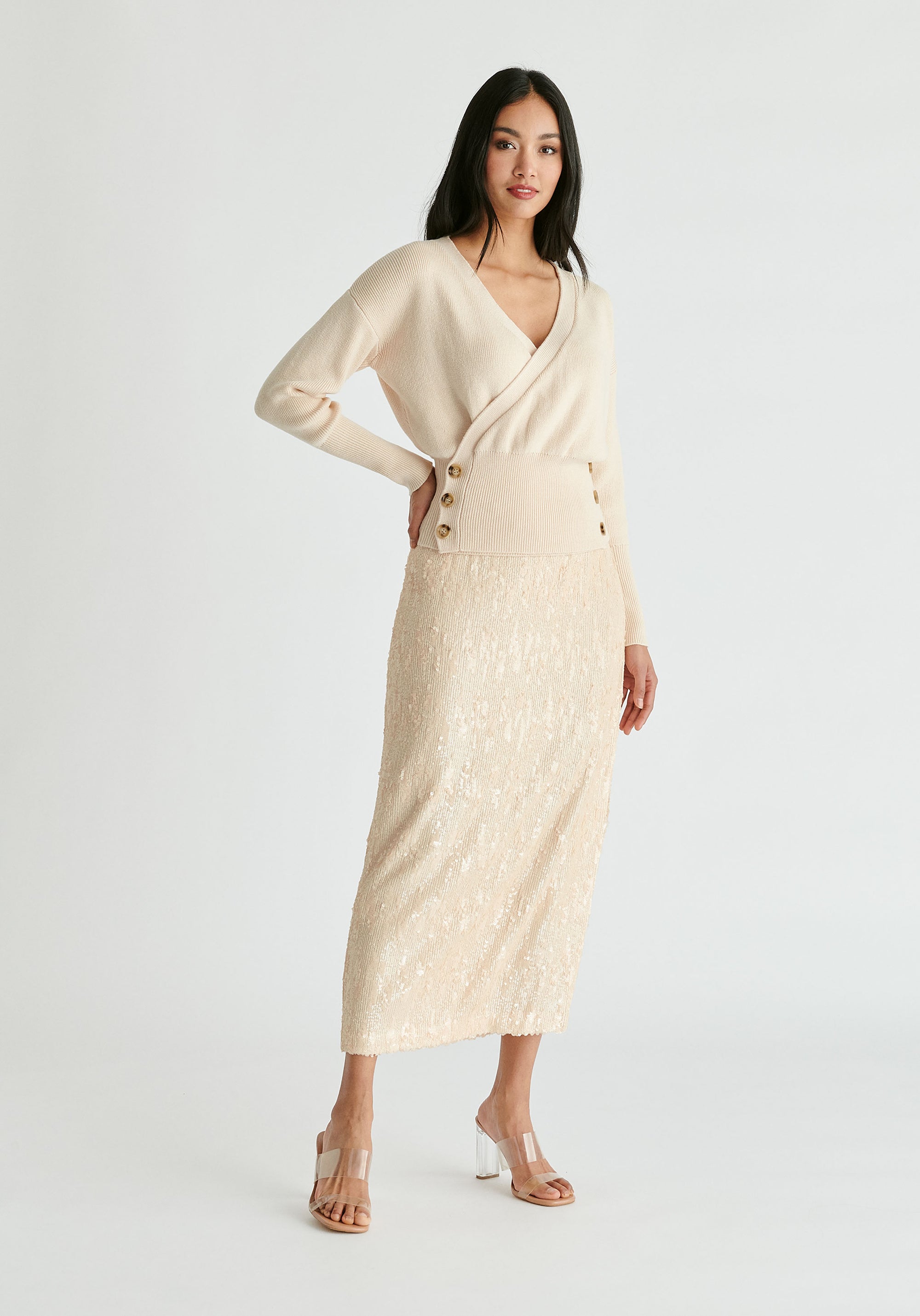 Knitted Wrap Top with Side Buttons in Cream Front