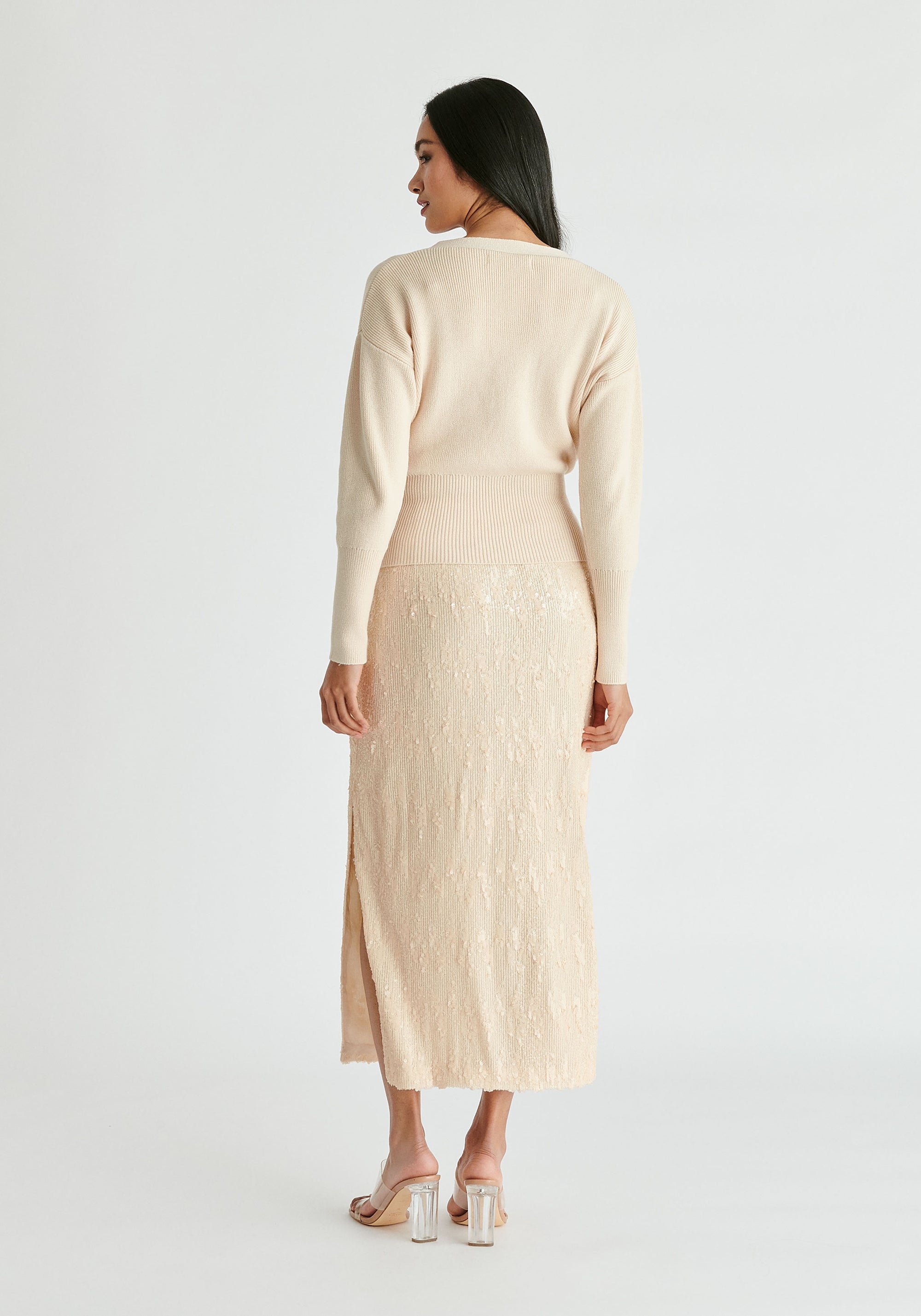 Knitted Wrap Top with Side Buttons in Cream Back