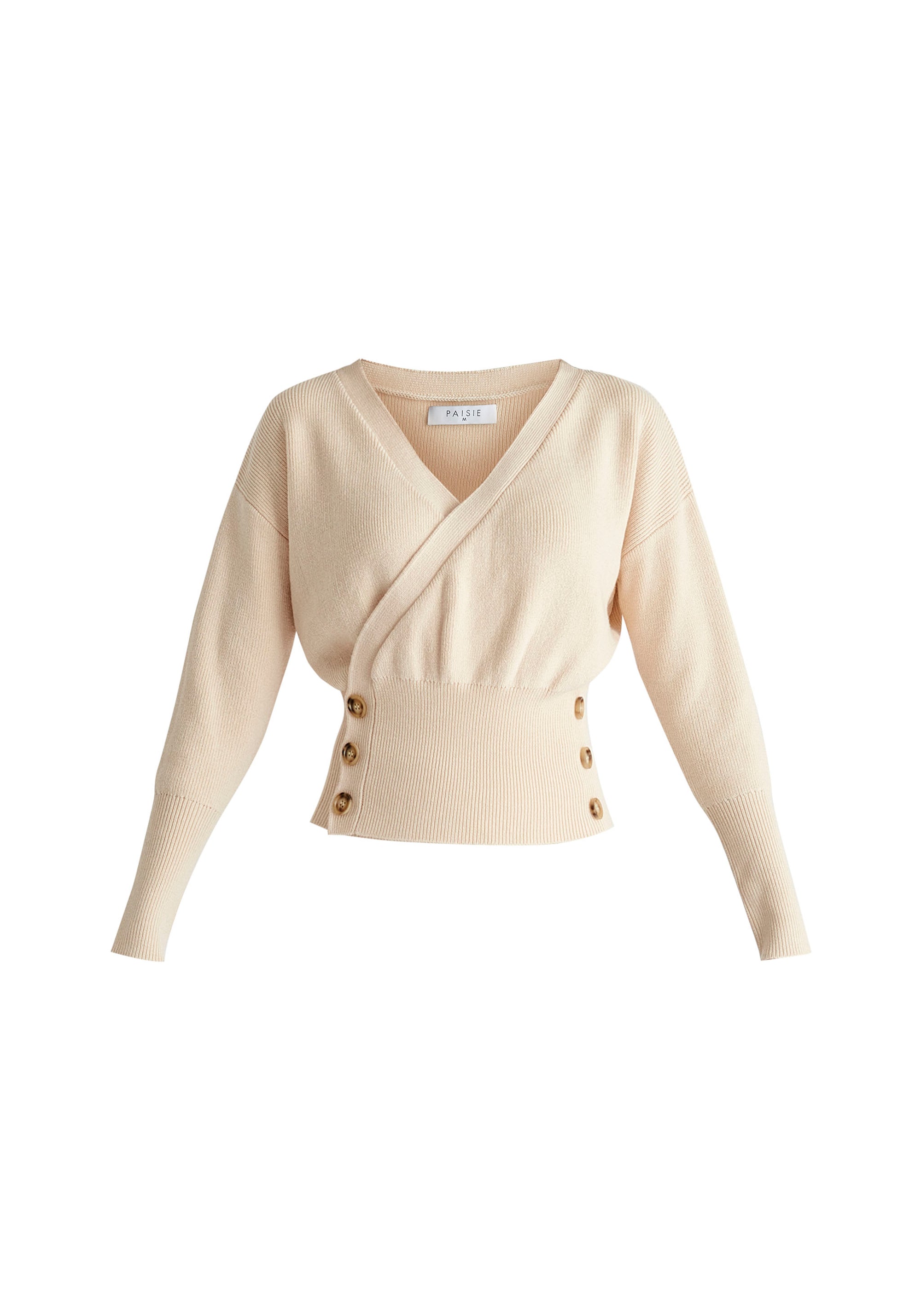 Knitted Wrap Top with Side Buttons in Cream Cutout
