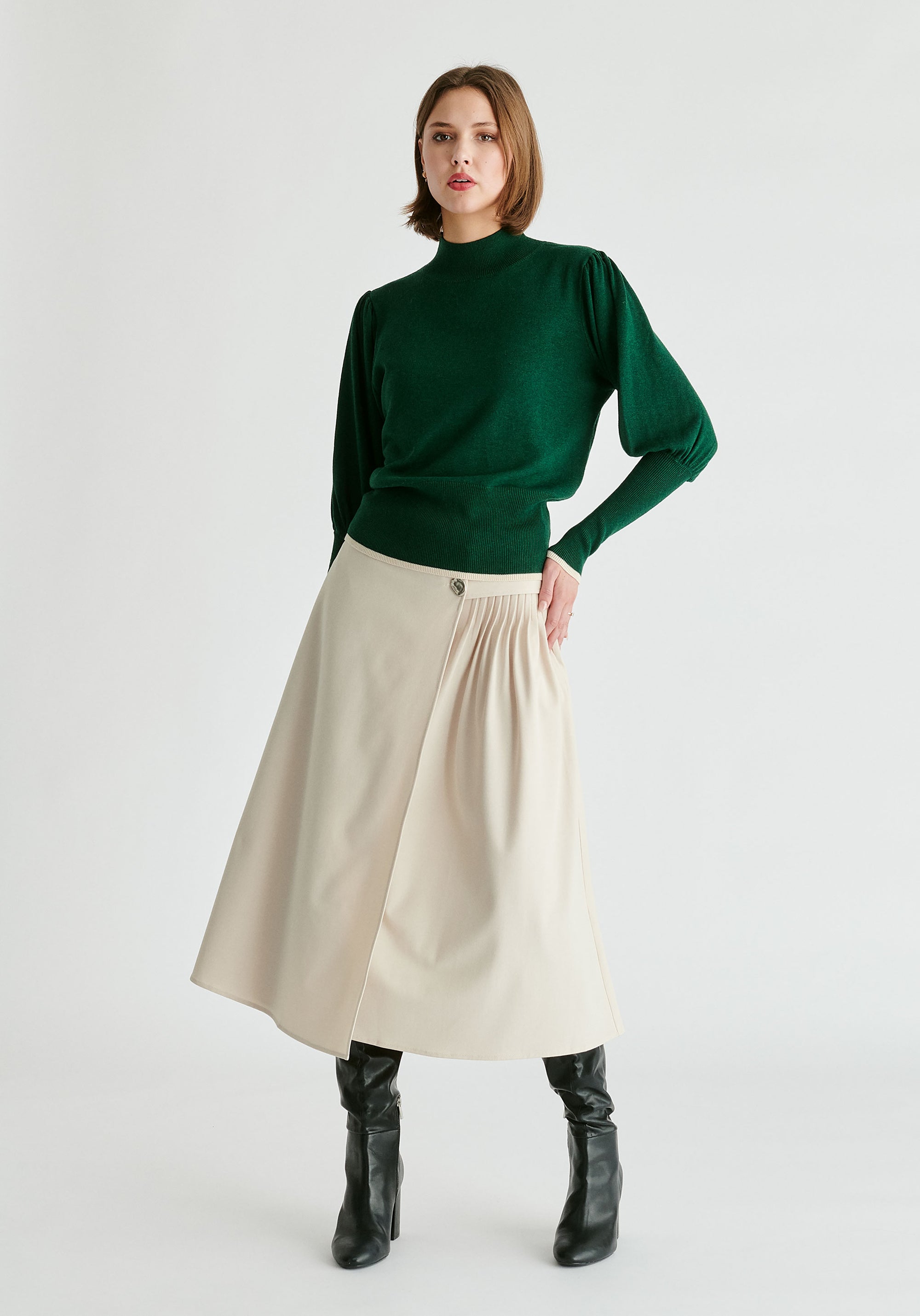High Neck Knitted Top with Contrast Trim in Green