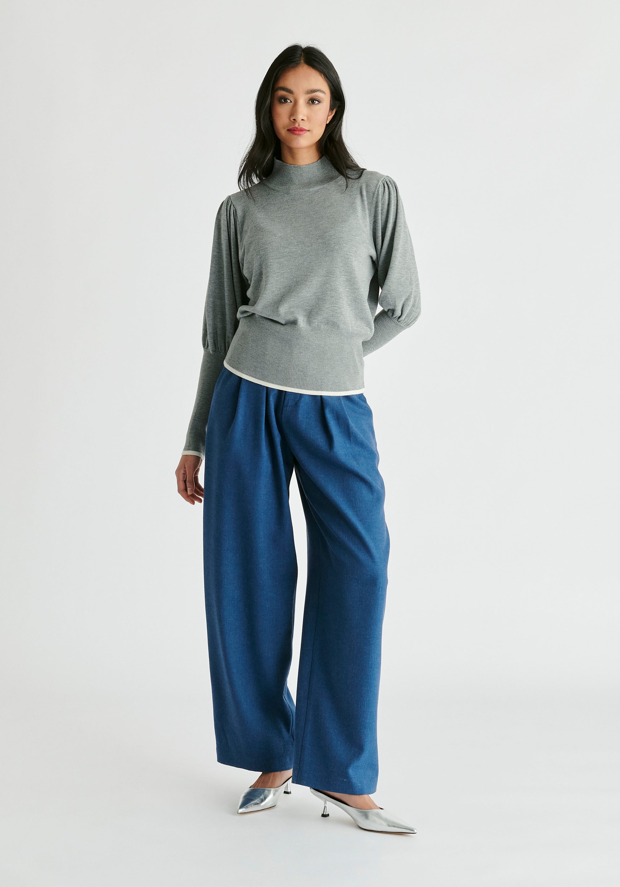 Belted Wide Leg Trousers with Box Pleats  in Denim Blue Front