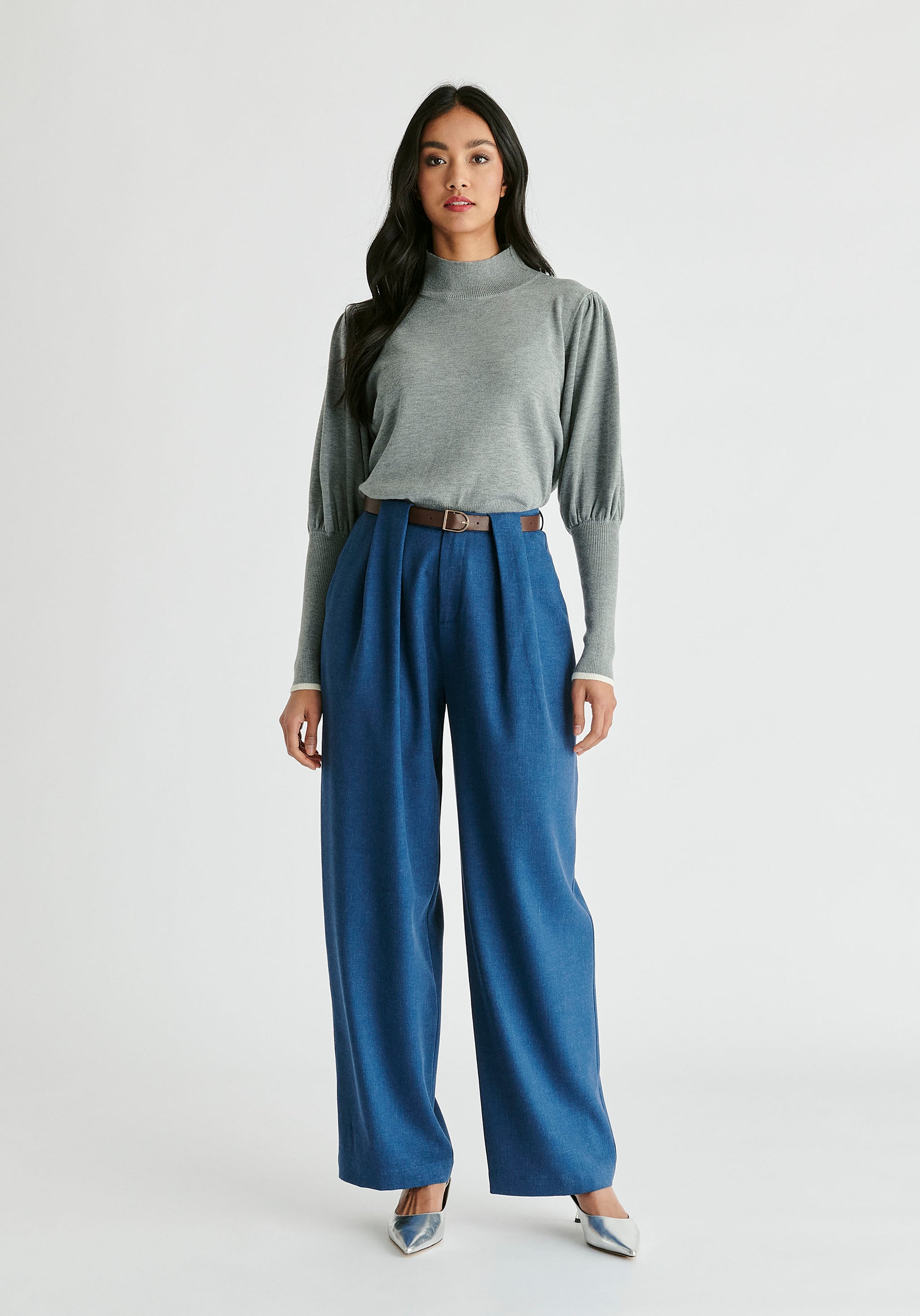 Belted Wide Leg Trousers with Box Pleats  in Denim Blue Front