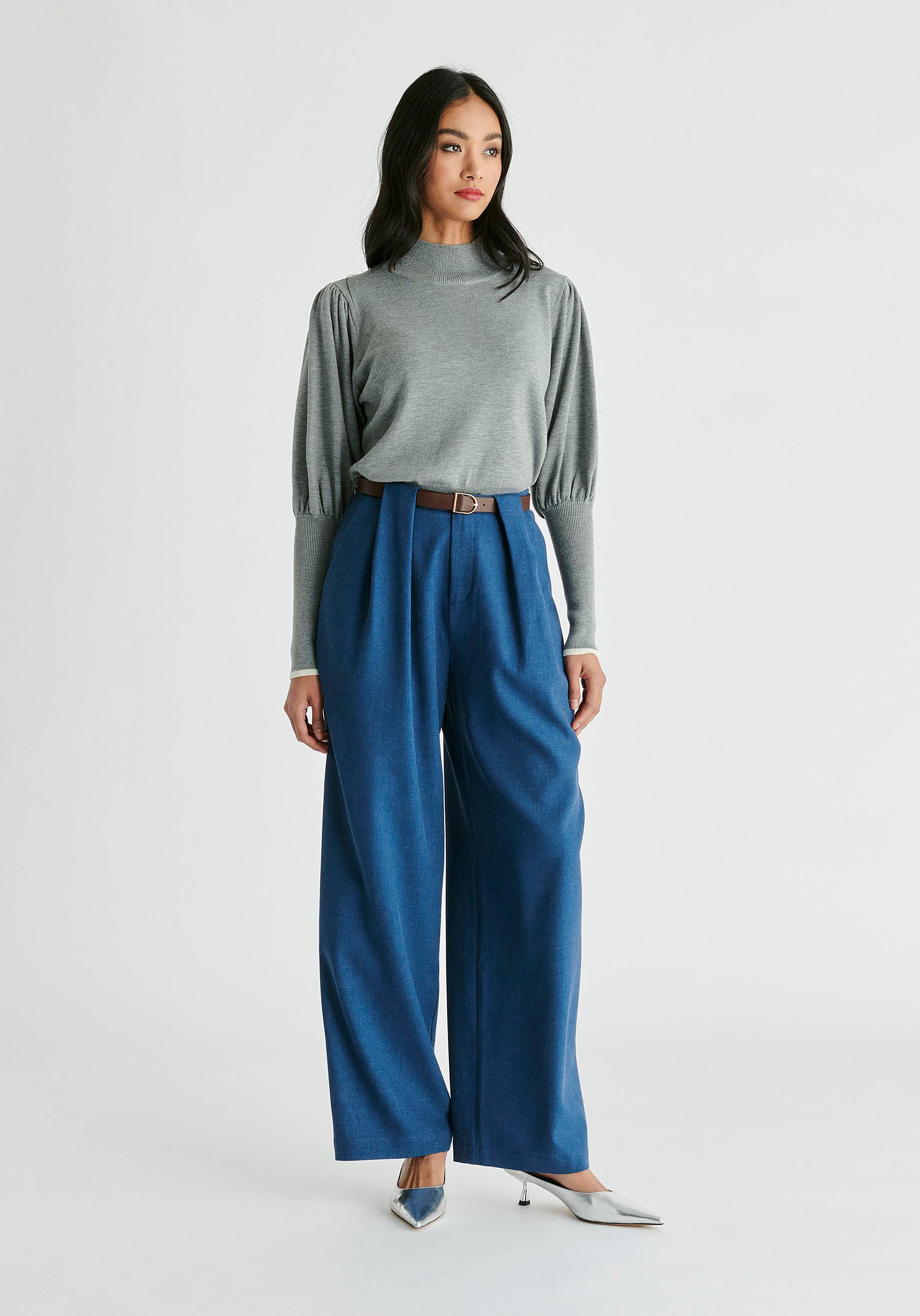 Belted Wide Leg Trousers with Box Pleats  in Denim Blue Front