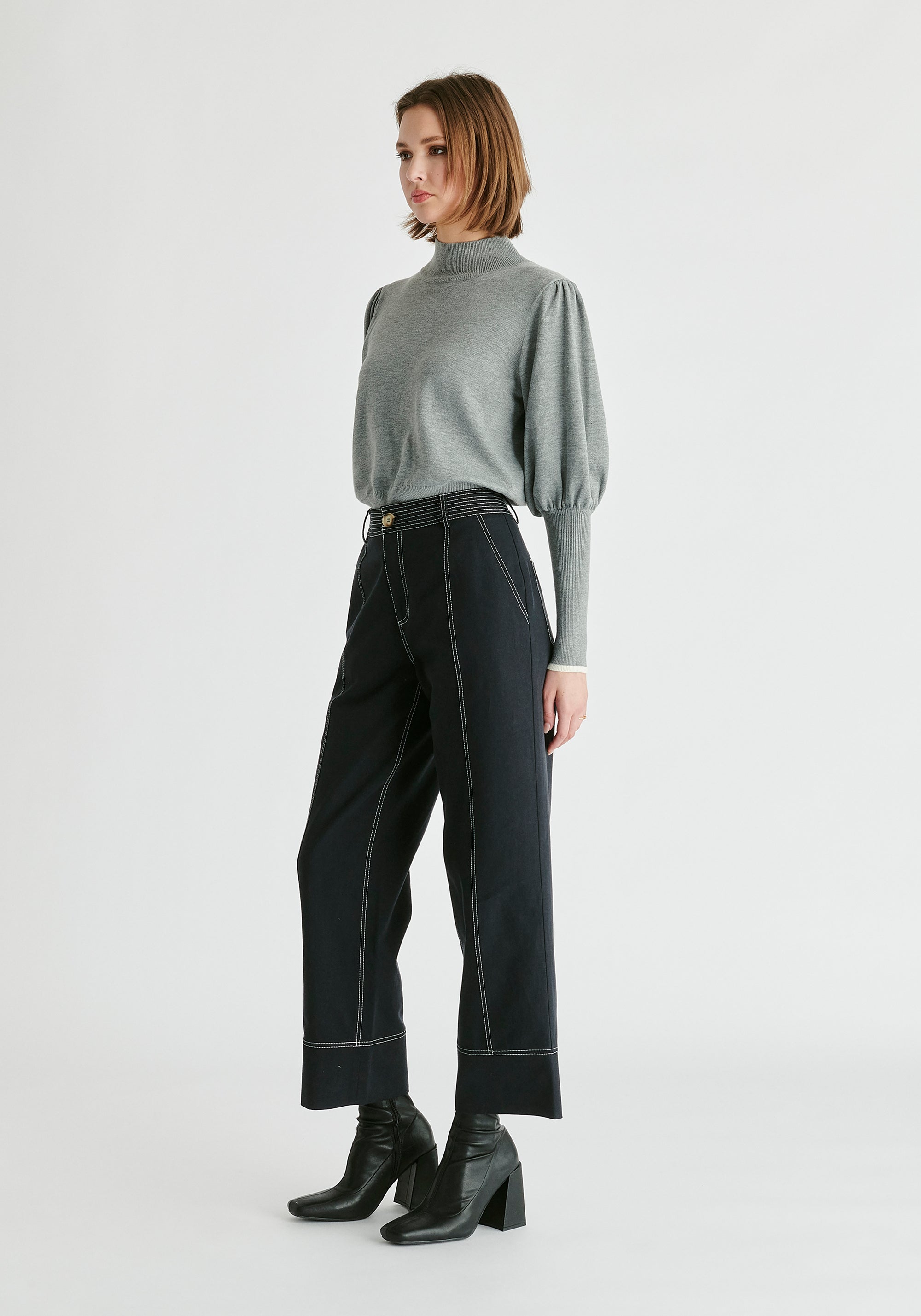 High Neck Knitted Top with Contrast Trim in Grey Side