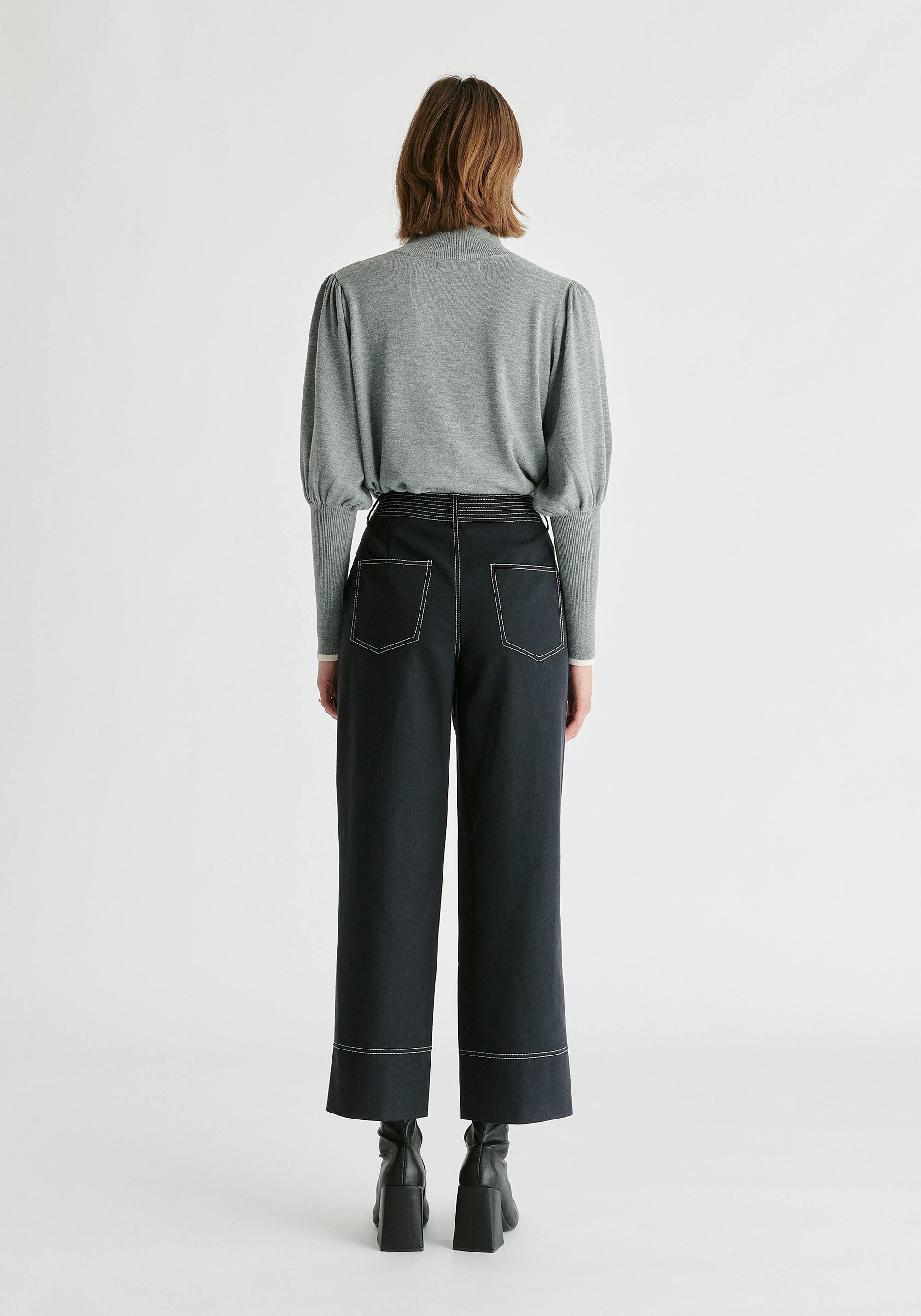 High Neck Knitted Top with Contrast Trim in Grey Back