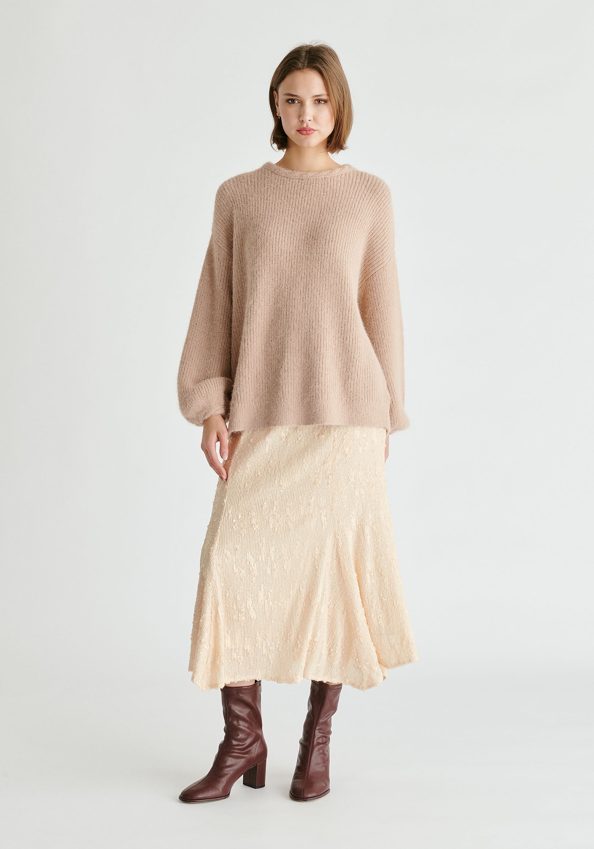 Balloon Sleeves Jumper with Cable Details in Blush Front