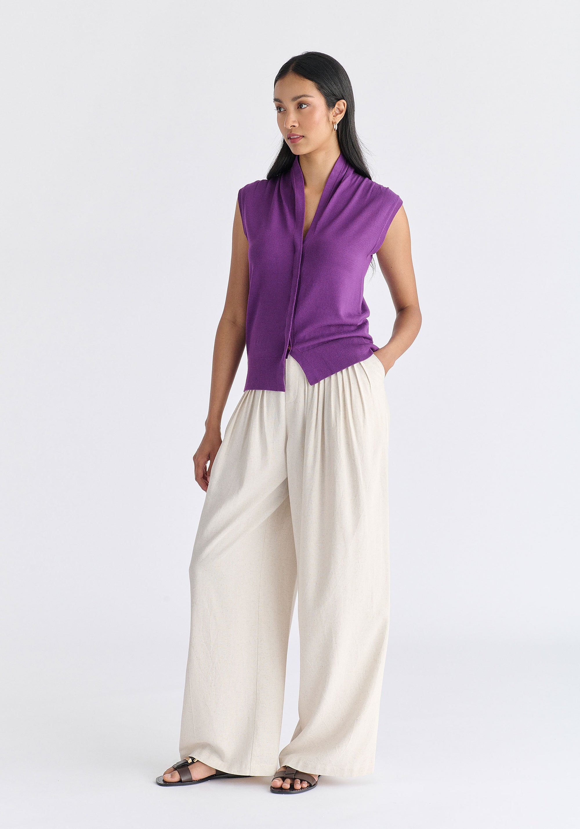 Draped Collar Knit Waistcoat in Purple Side
