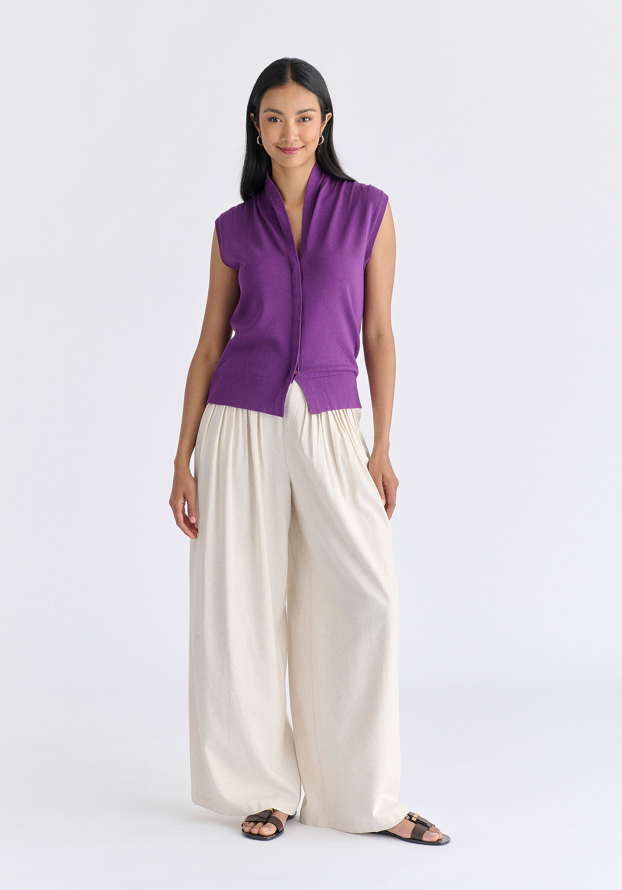 Draped Collar Knit Waistcoat in Purple Front