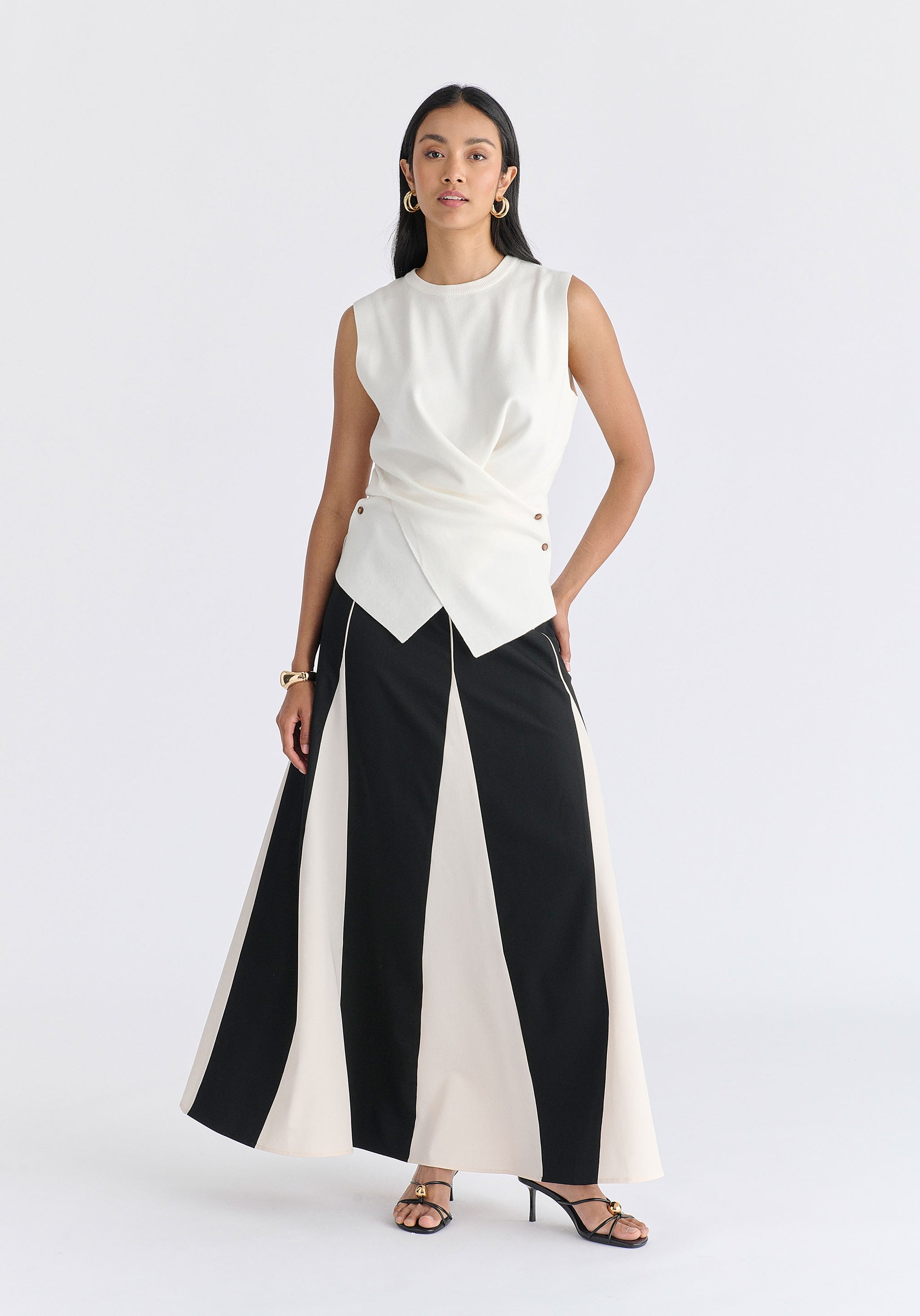 Crew Neck Wrap Front Knit Top in White Front