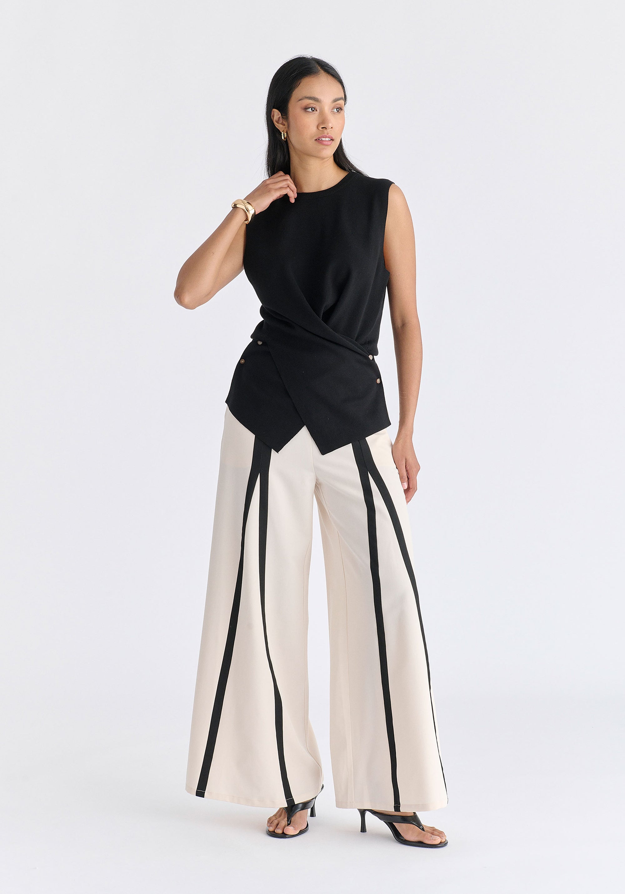 Crew Neck Wrap Front Knit Top in Black Front