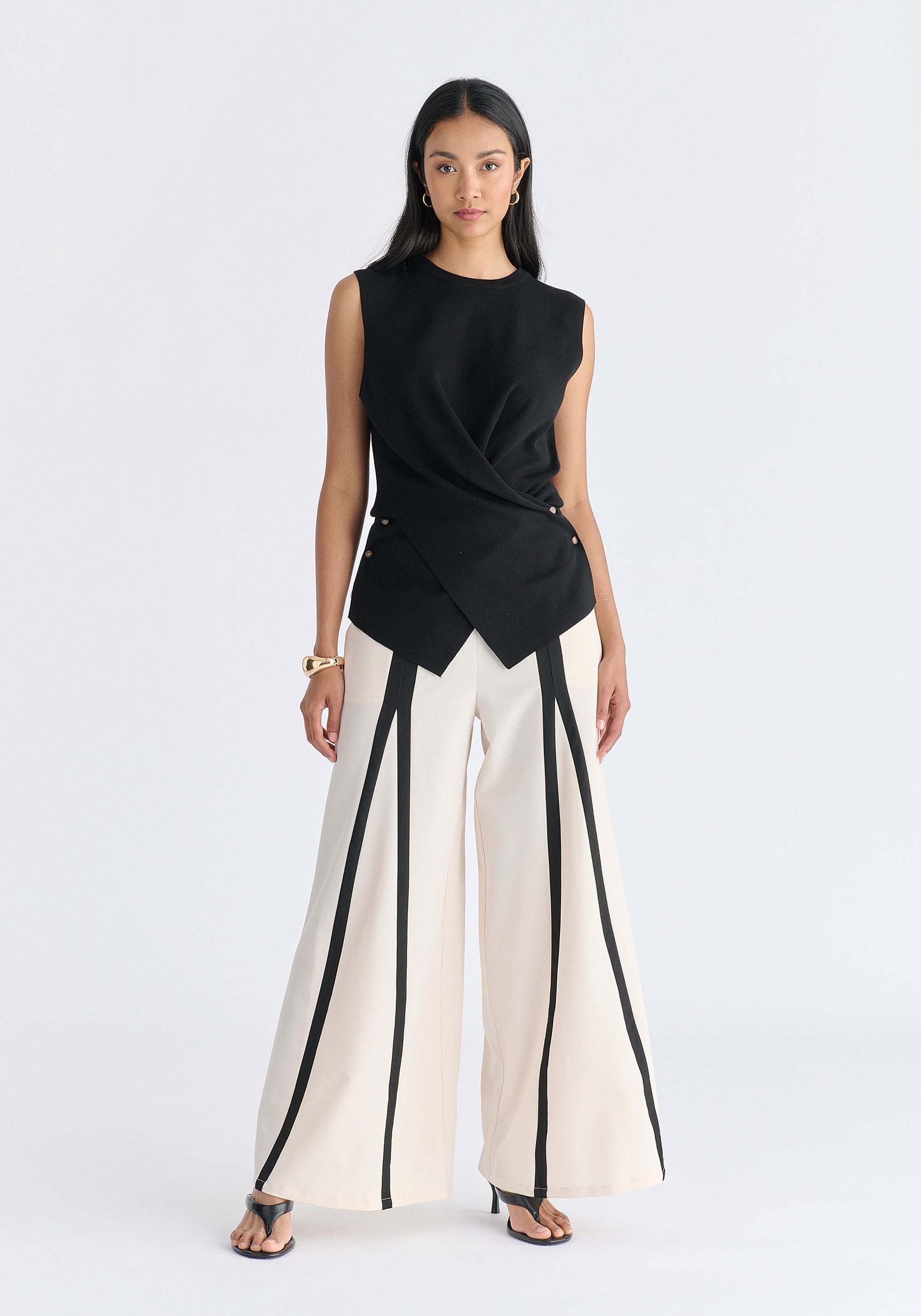 Crew Neck Wrap Front Knit Top in Black Front