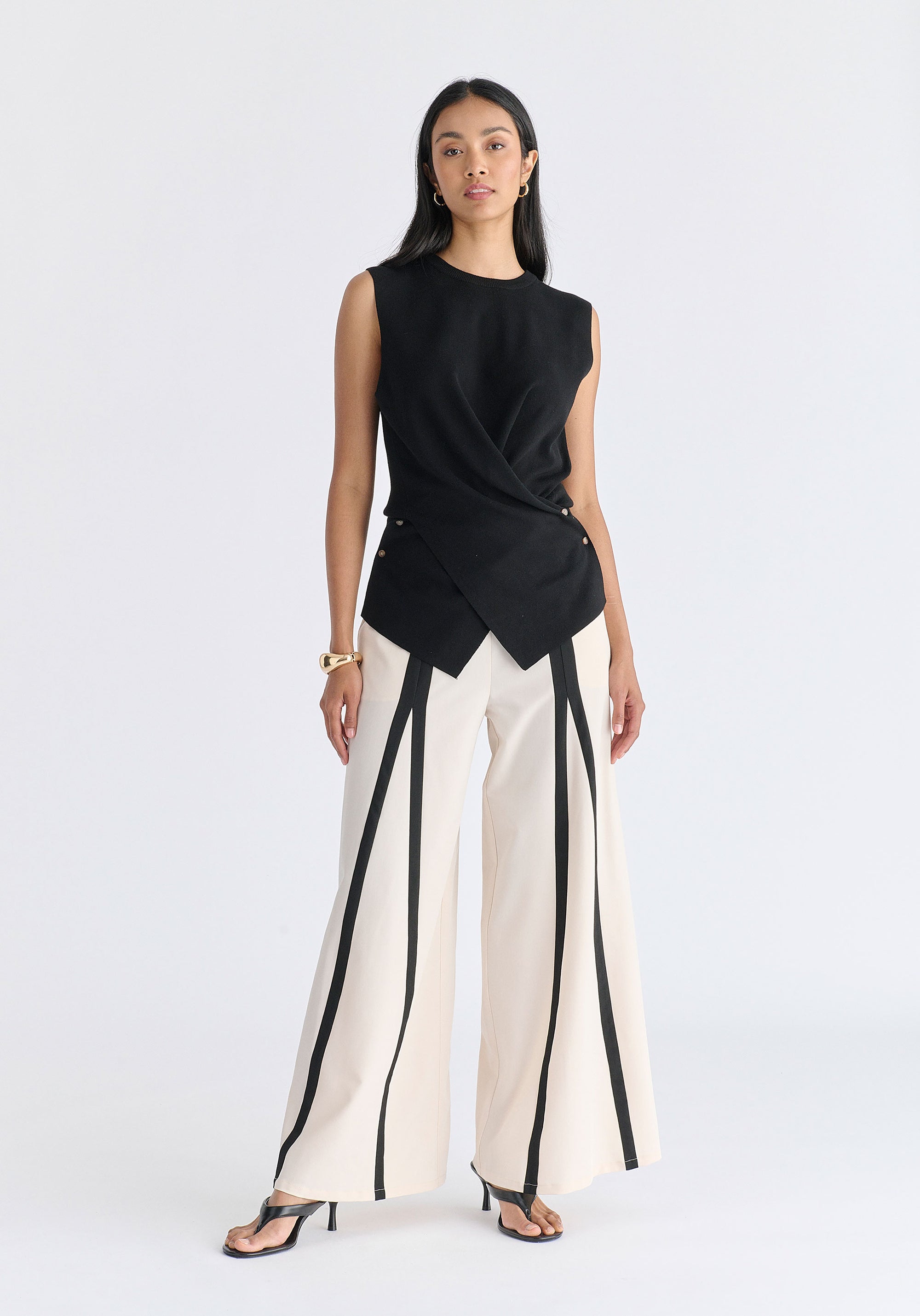 Crew Neck Wrap Front Knit Top in Black Front