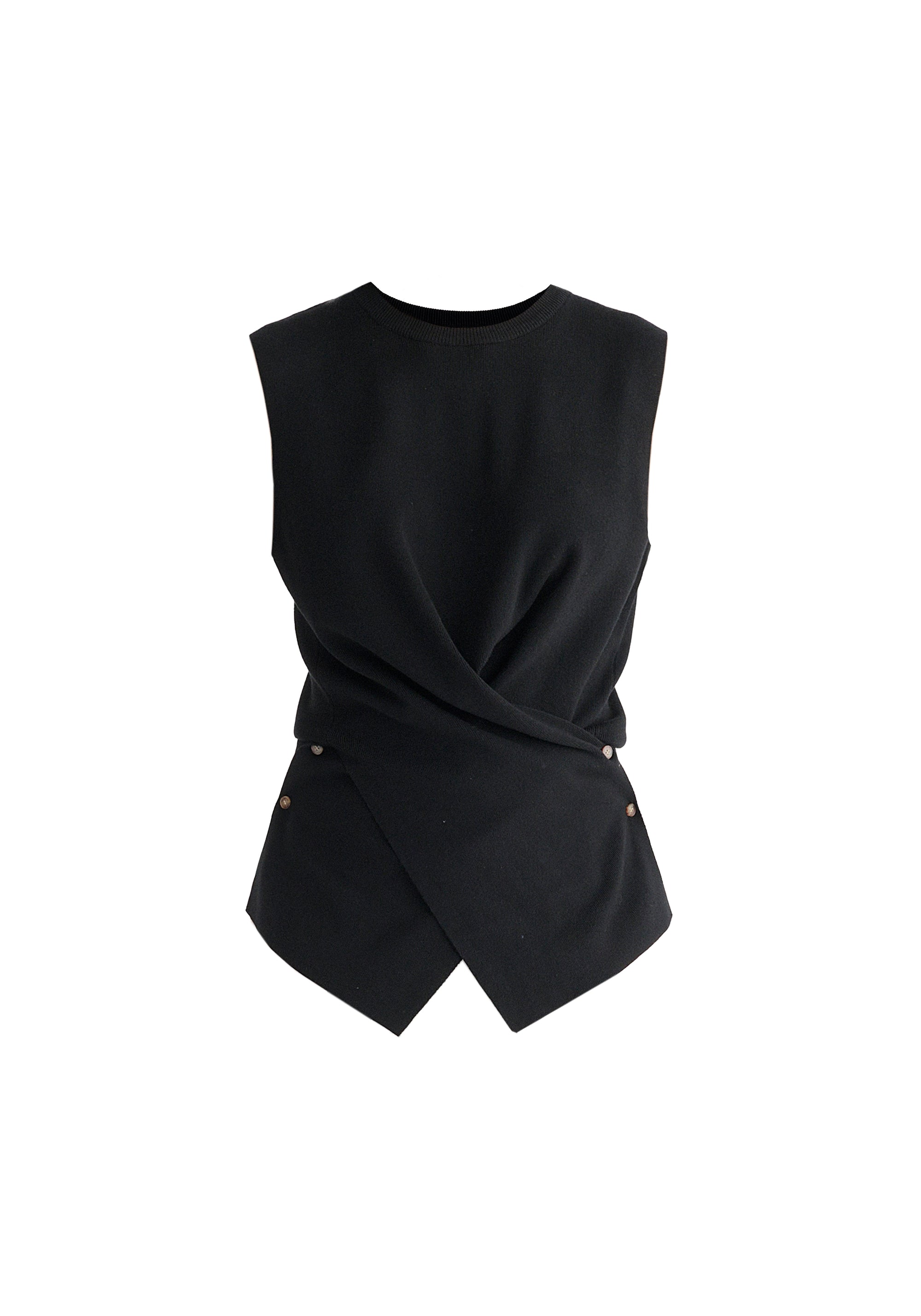 Crew Neck Wrap Front Knit Top in Black Cutout