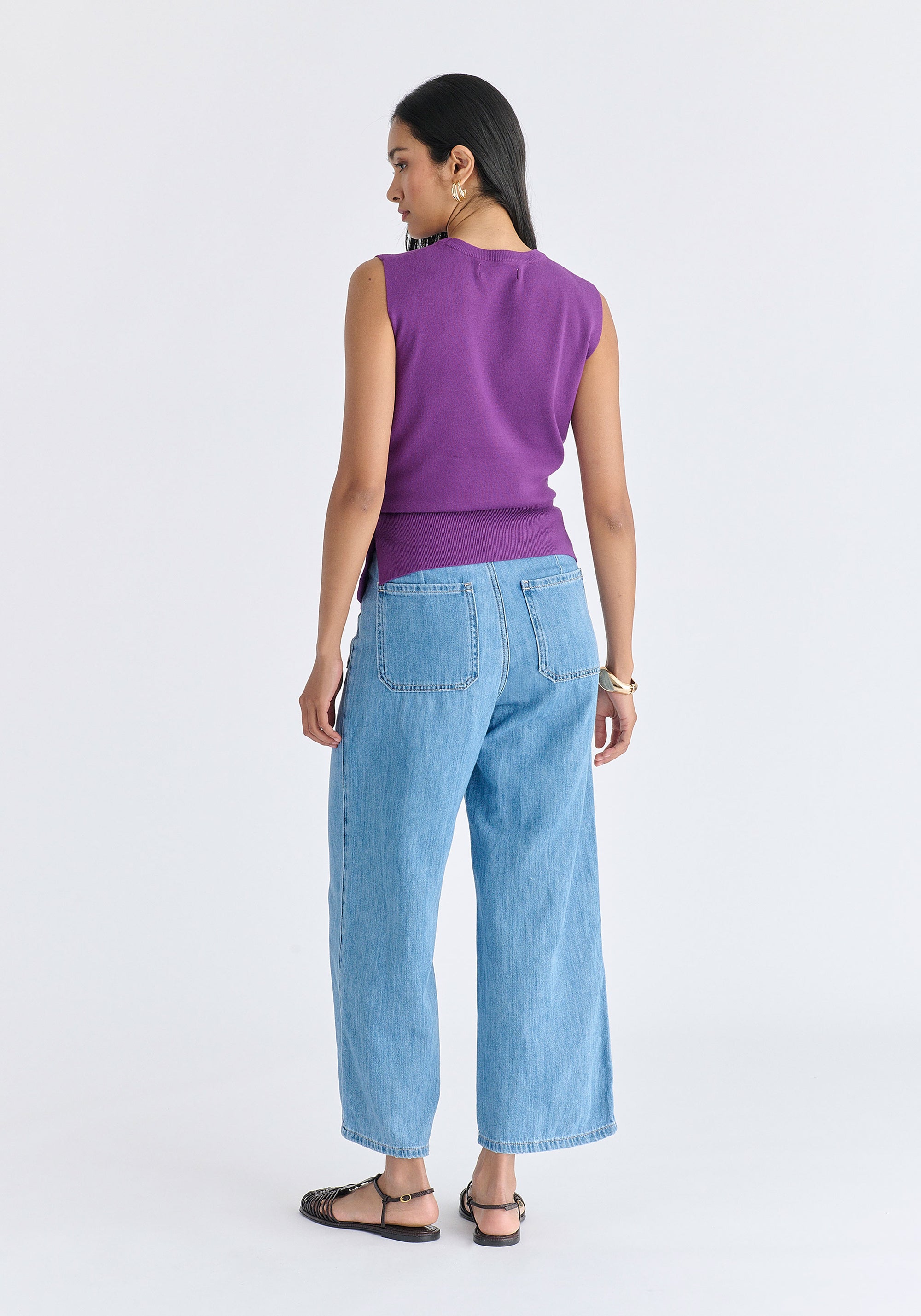 Crew Neck Wrap Front Knit Top in Purple Back