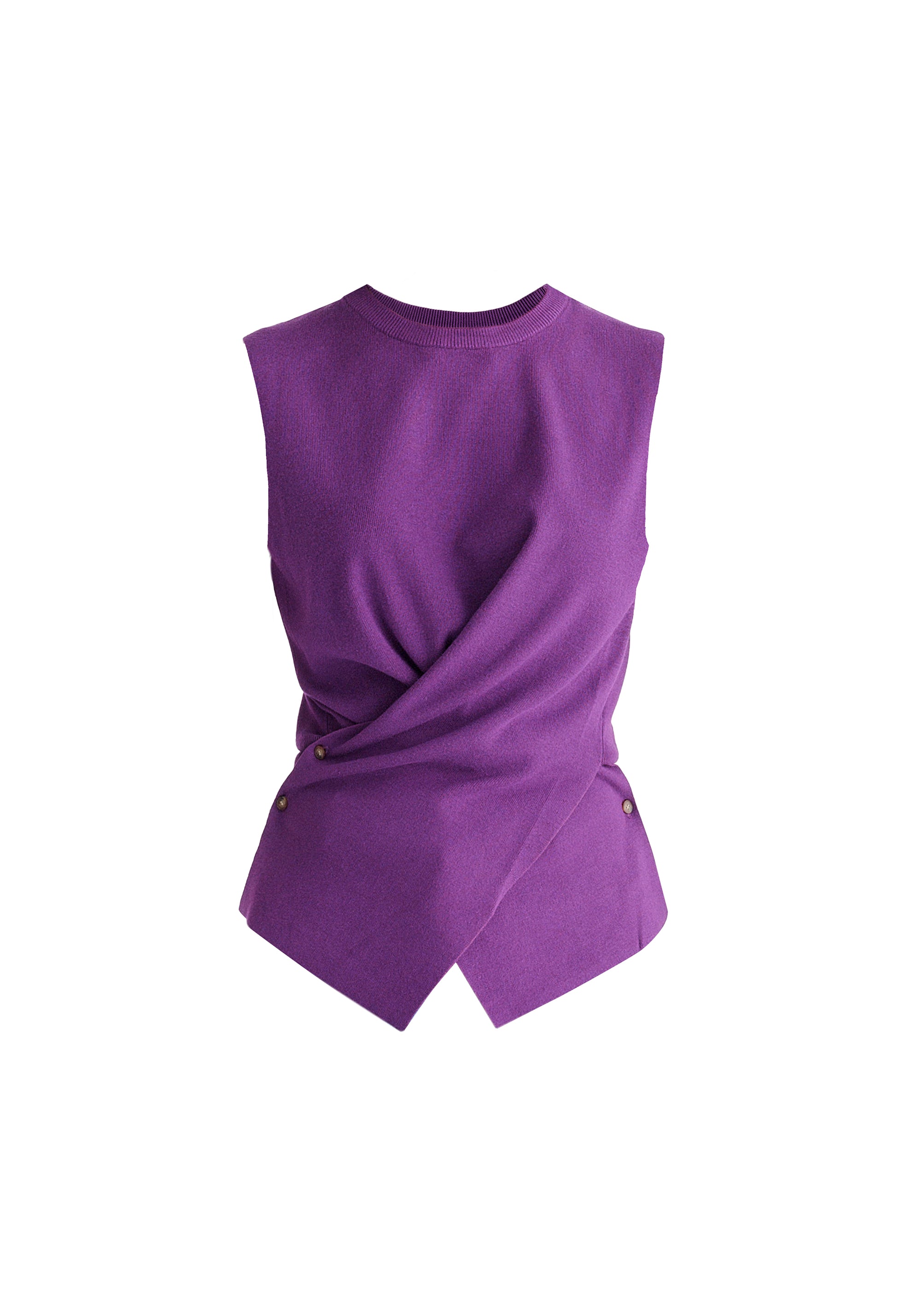 Crew Neck Wrap Front Knit Top in Purple Cutout