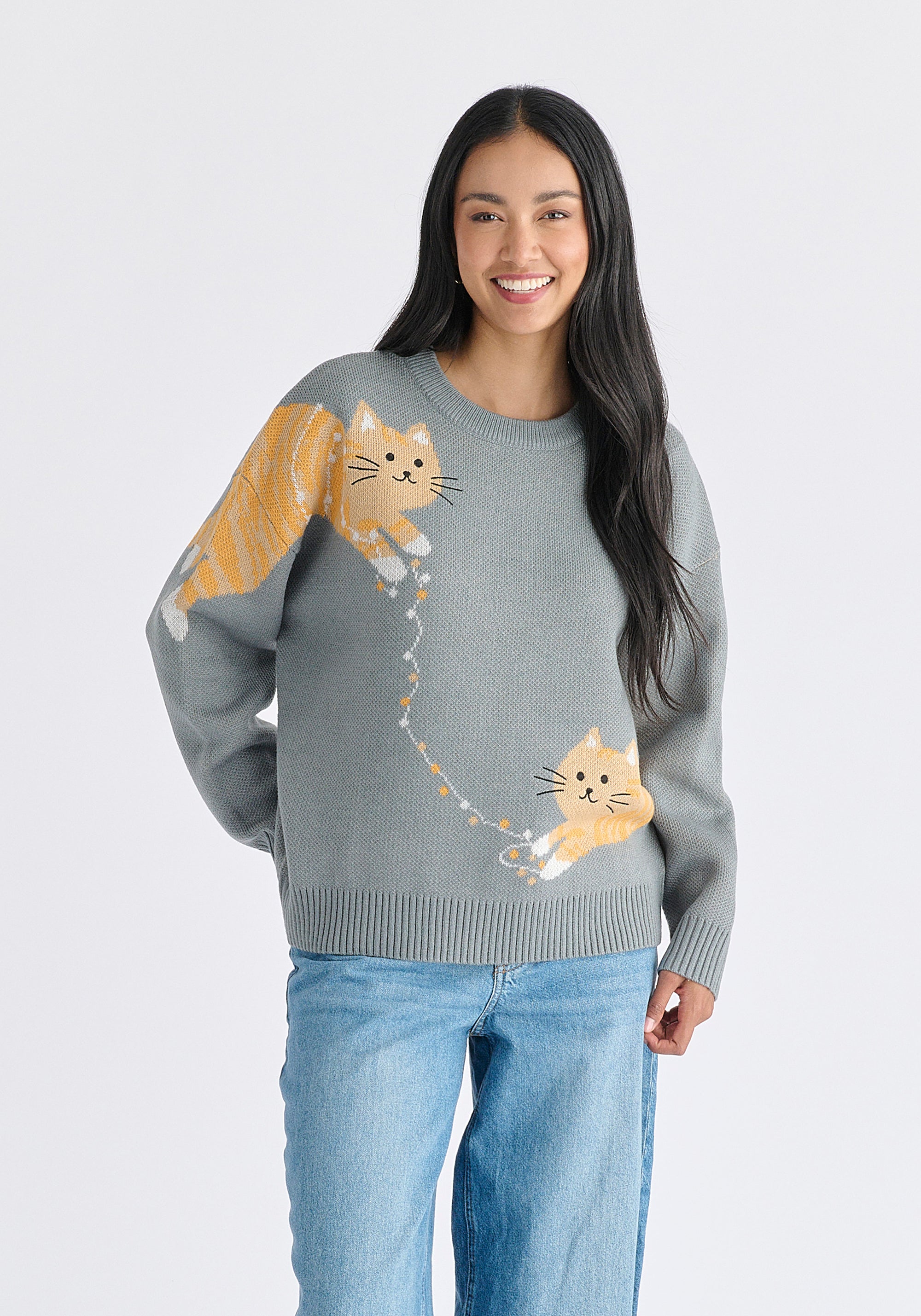 Christmas Jumper With Cat And Fairylights in Grey 