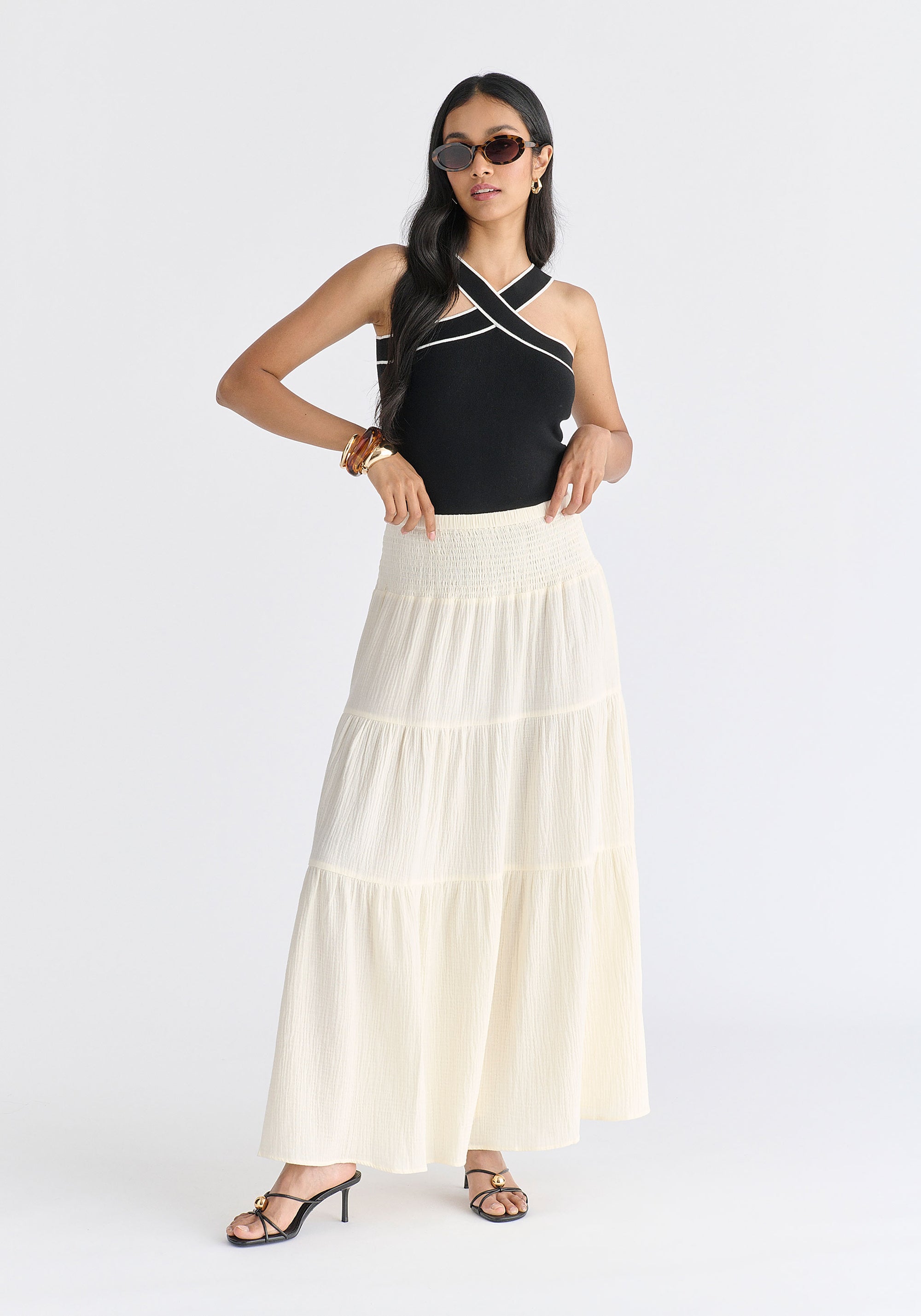 Contrast Detail Crisscross Halterneck Knit Top in Black Front