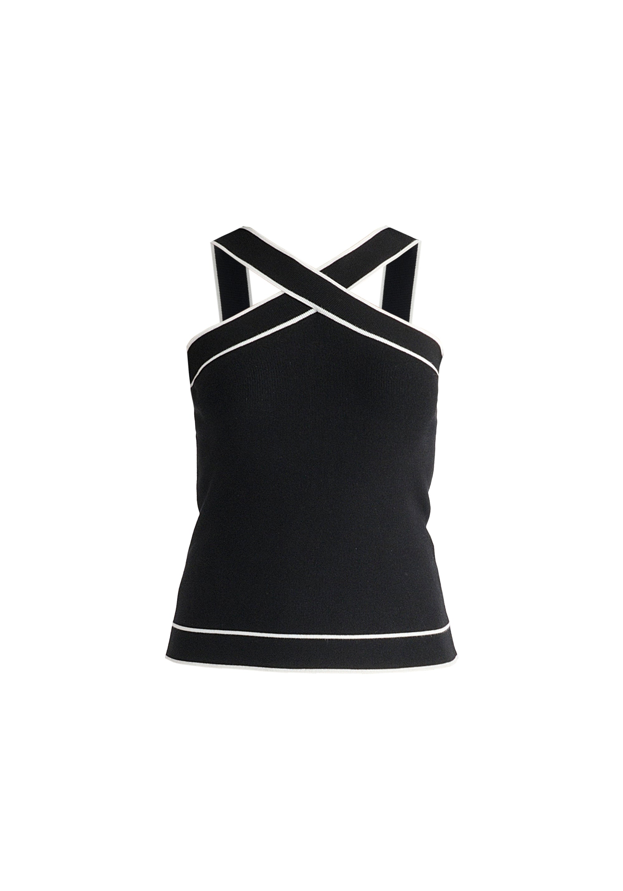 Contrast Detail Crisscross Halterneck Knit Top in Black Cutout