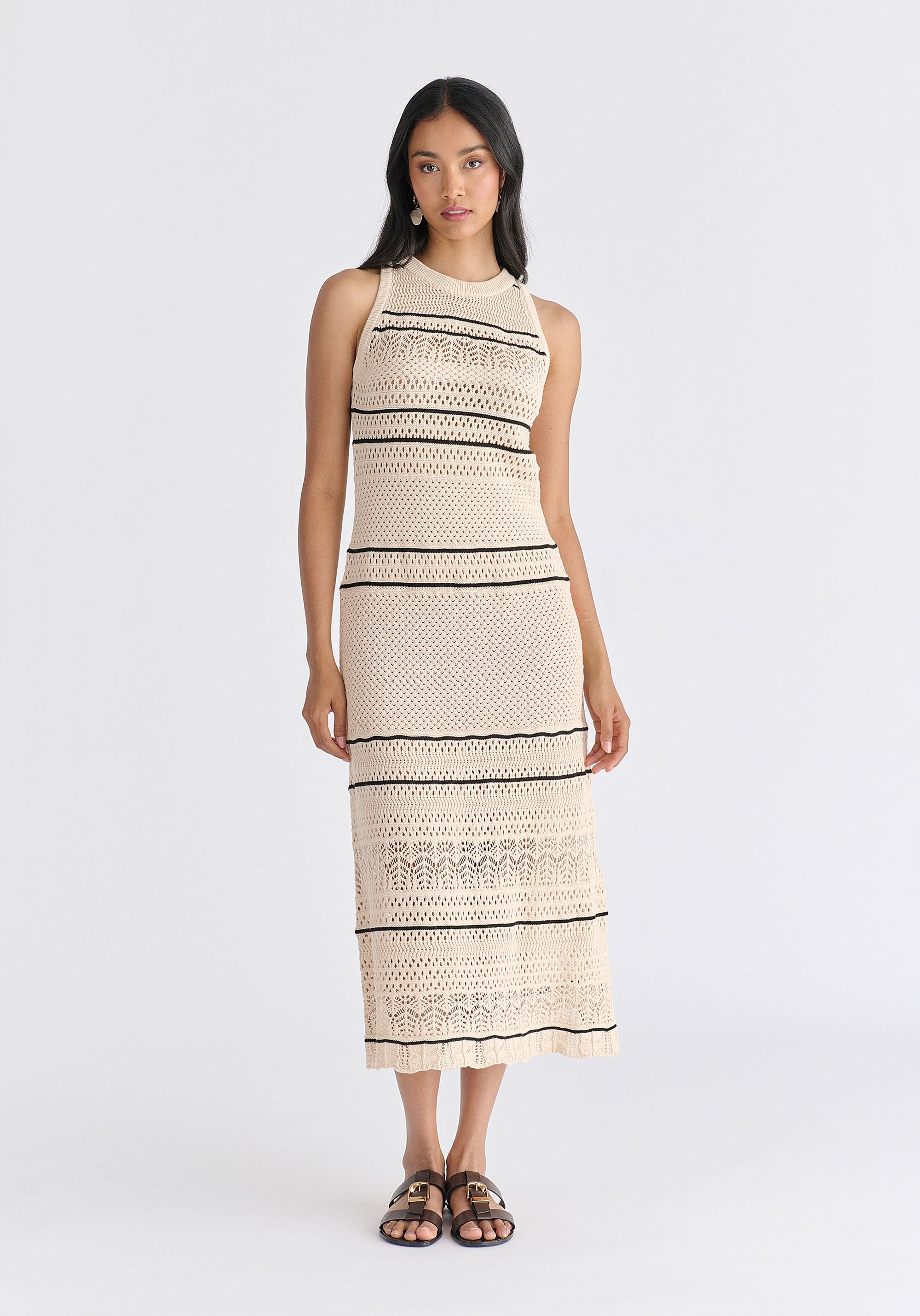 Contrast Detail Pointelle Knitted Dress in Beige Front
