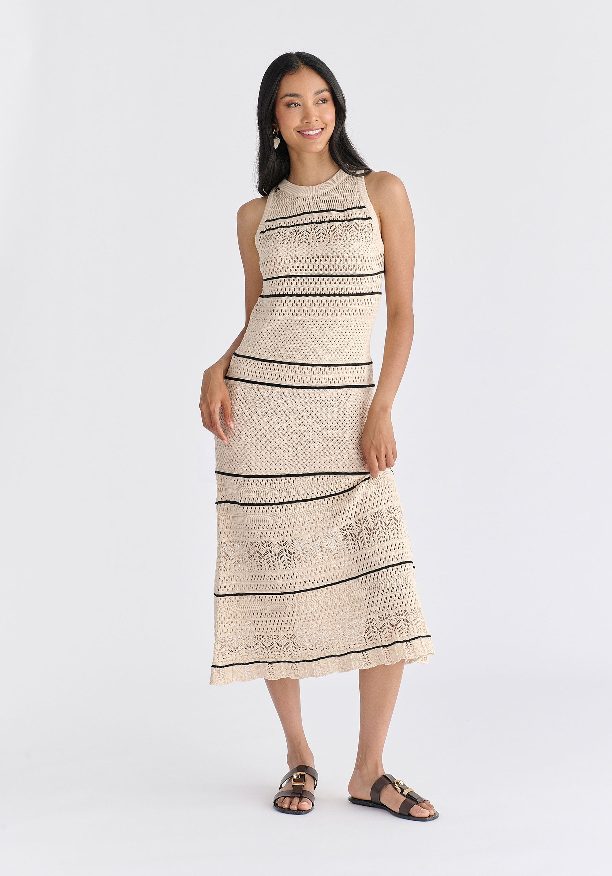 Contrast Detail Pointelle Knitted Dress in Beige Front