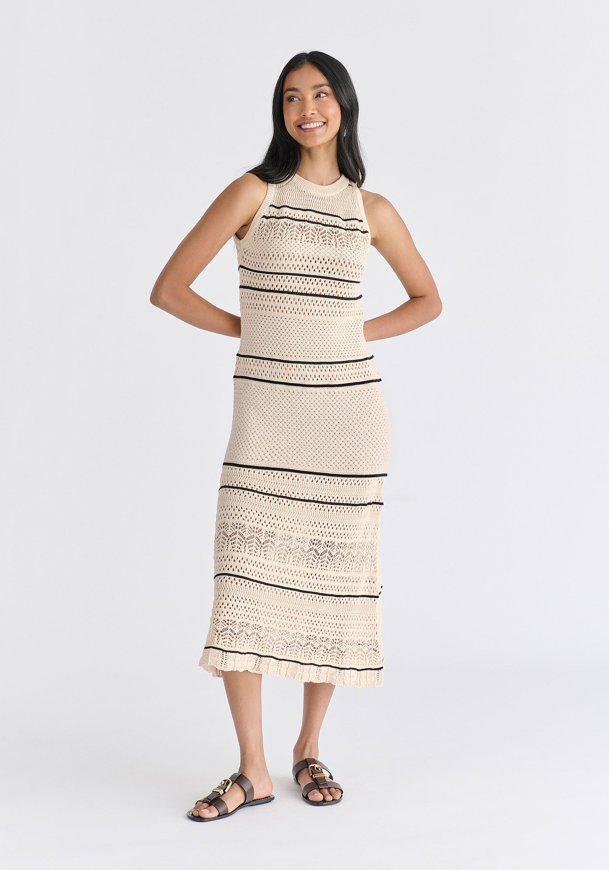 Contrast Detail Pointelle Knitted Dress in Beige Front