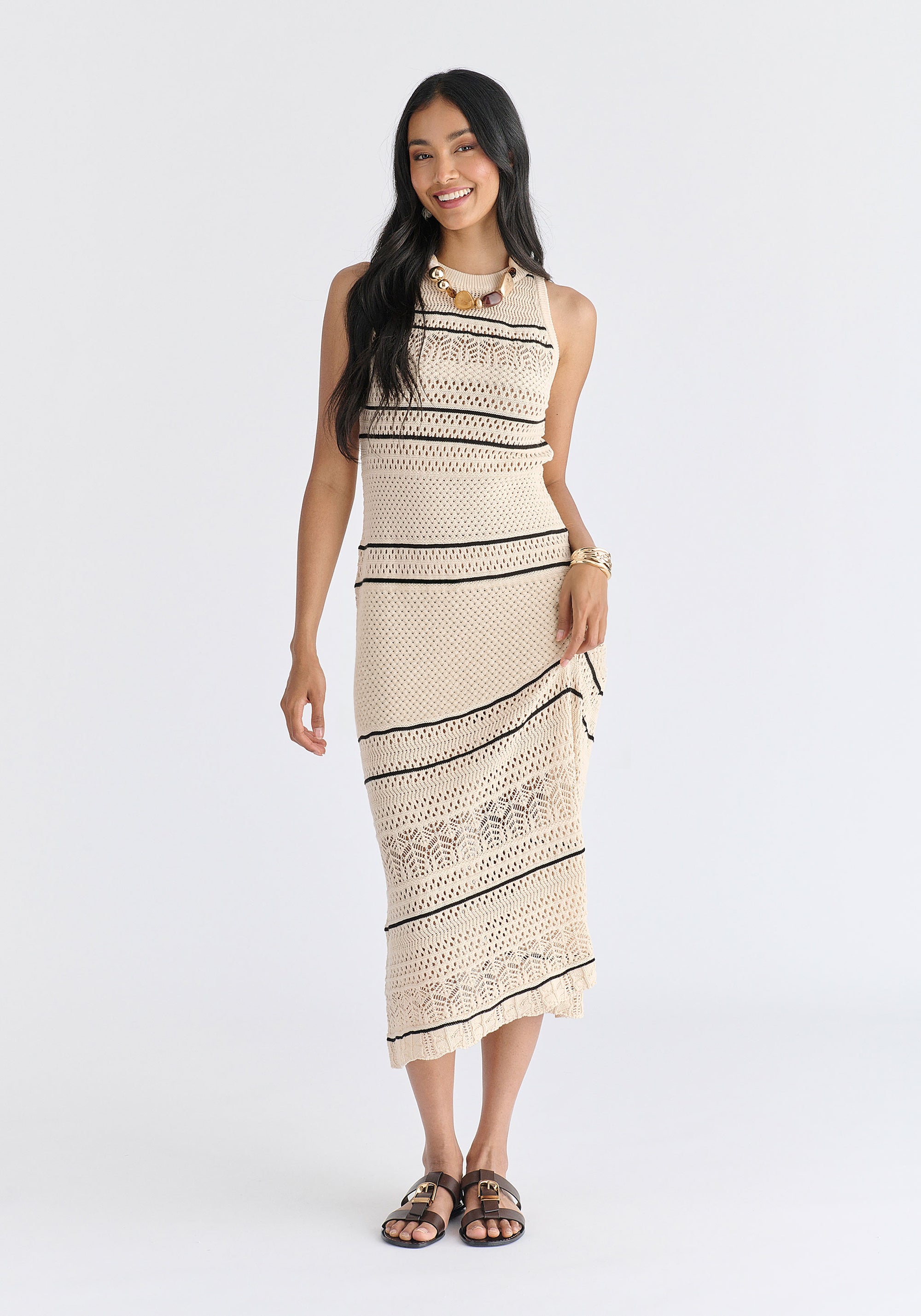 Contrast Detail Pointelle Knitted Dress in Beige Front