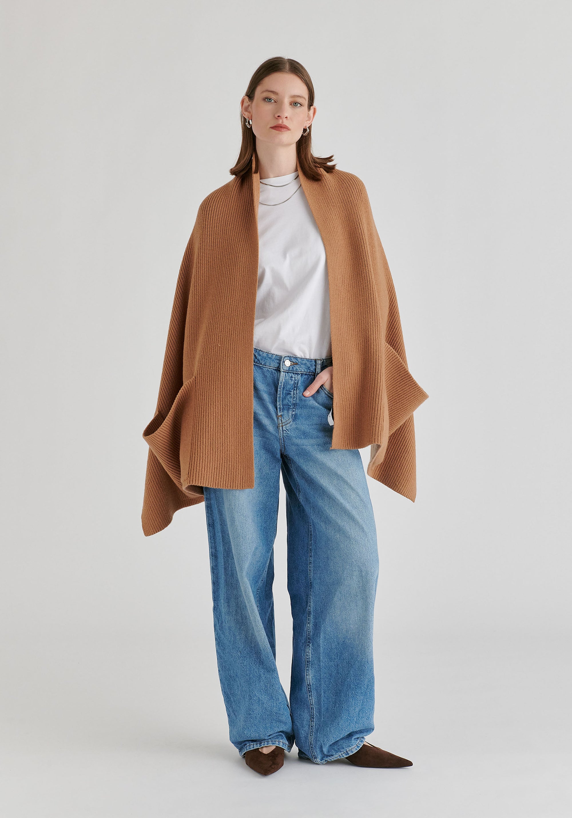 Ribbed Scarf Wrap with Front Pockets in Camel Front