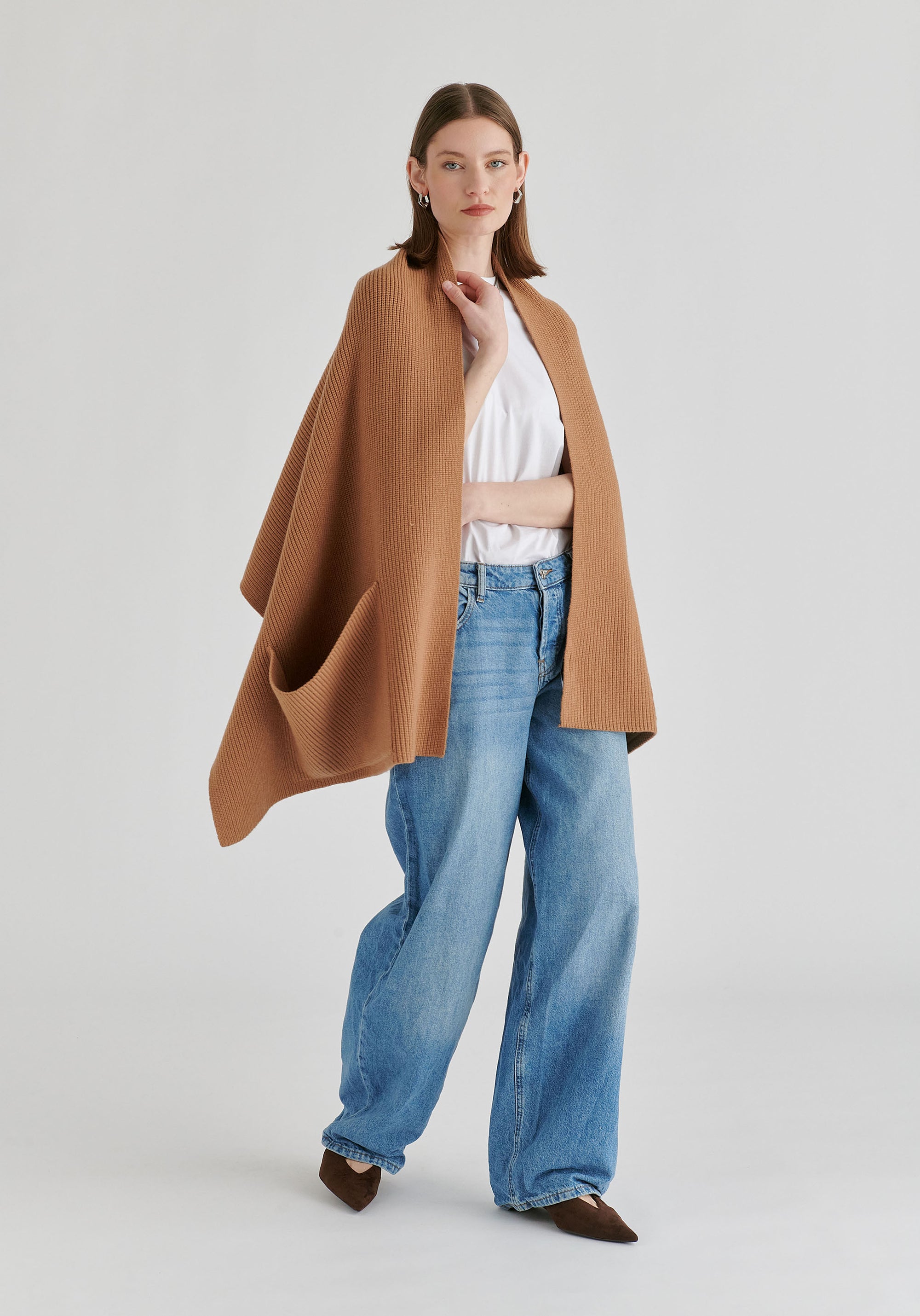 Ribbed Scarf Wrap with Front Pockets in Camel Side