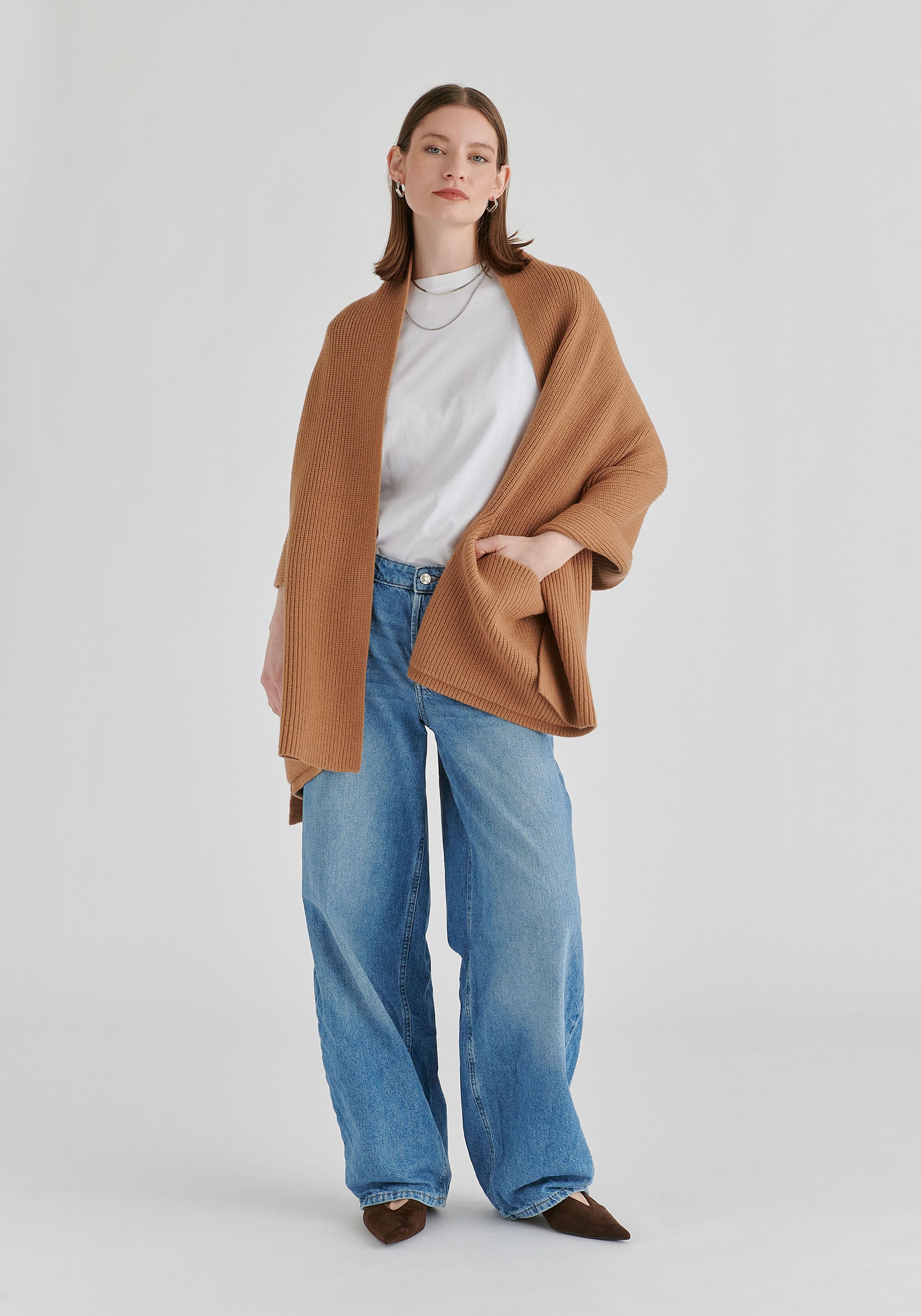 Ribbed Scarf Wrap with Front Pockets in Camel Front