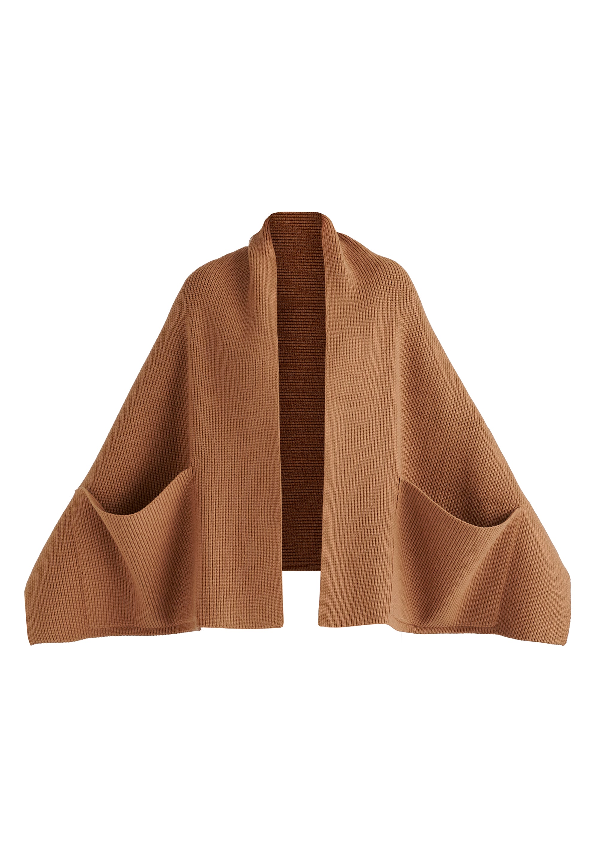 Ribbed Scarf Wrap with Front Pockets in Camel Cutout