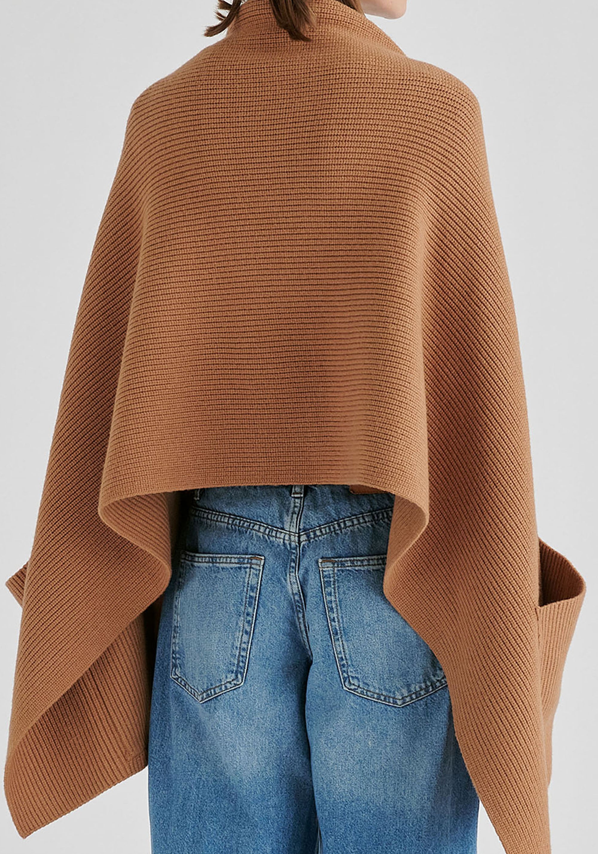 Ribbed Scarf Wrap with Front Pockets in Camel Closeup