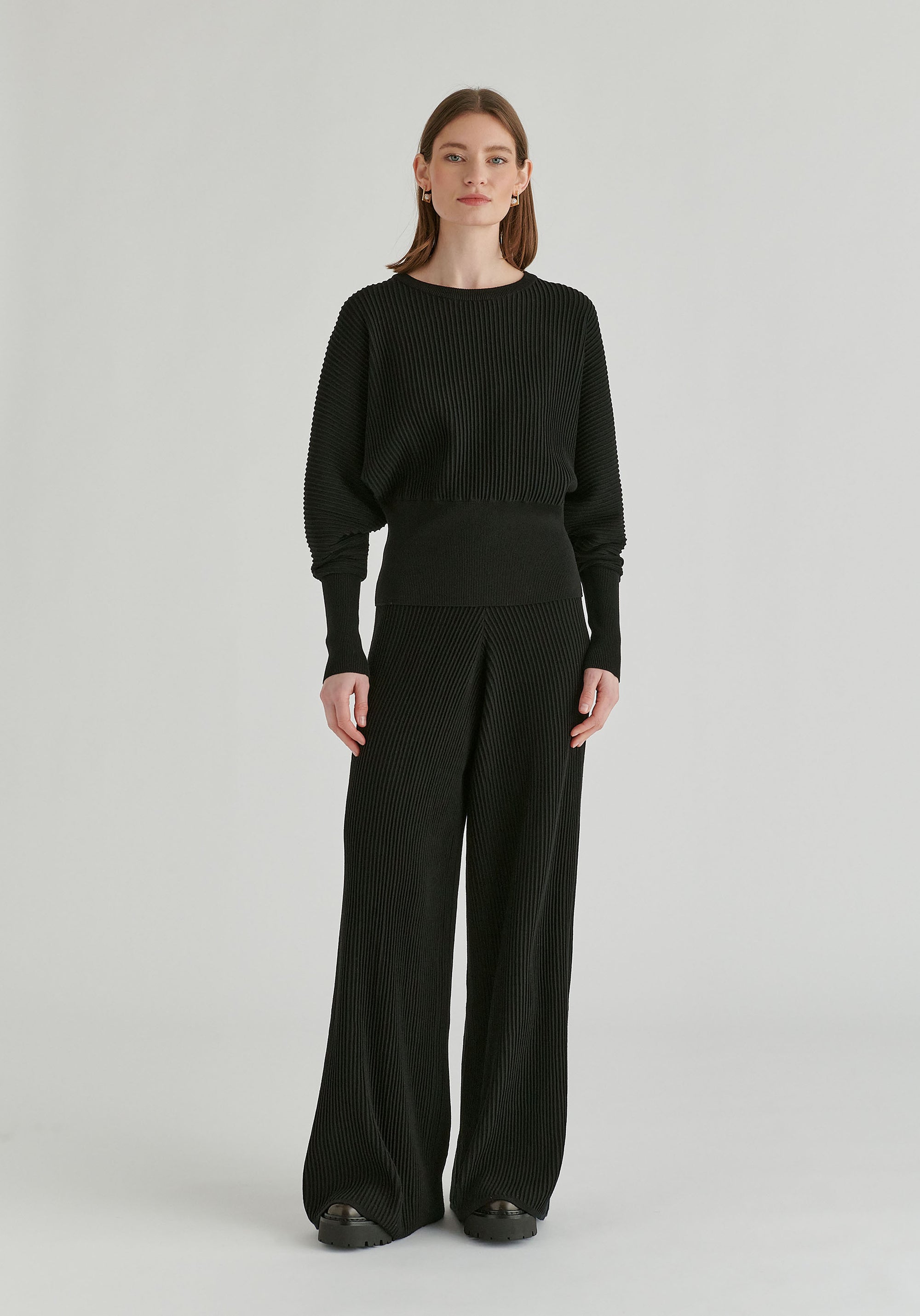 Ribbed Batwing Sleeve Knit Top with Fitted Waist