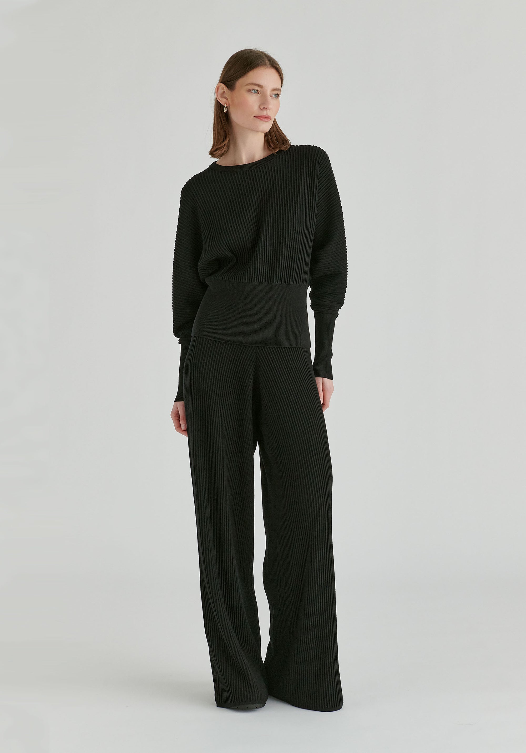 Ribbed Batwing Sleeve Knit Top with Fitted Waist
