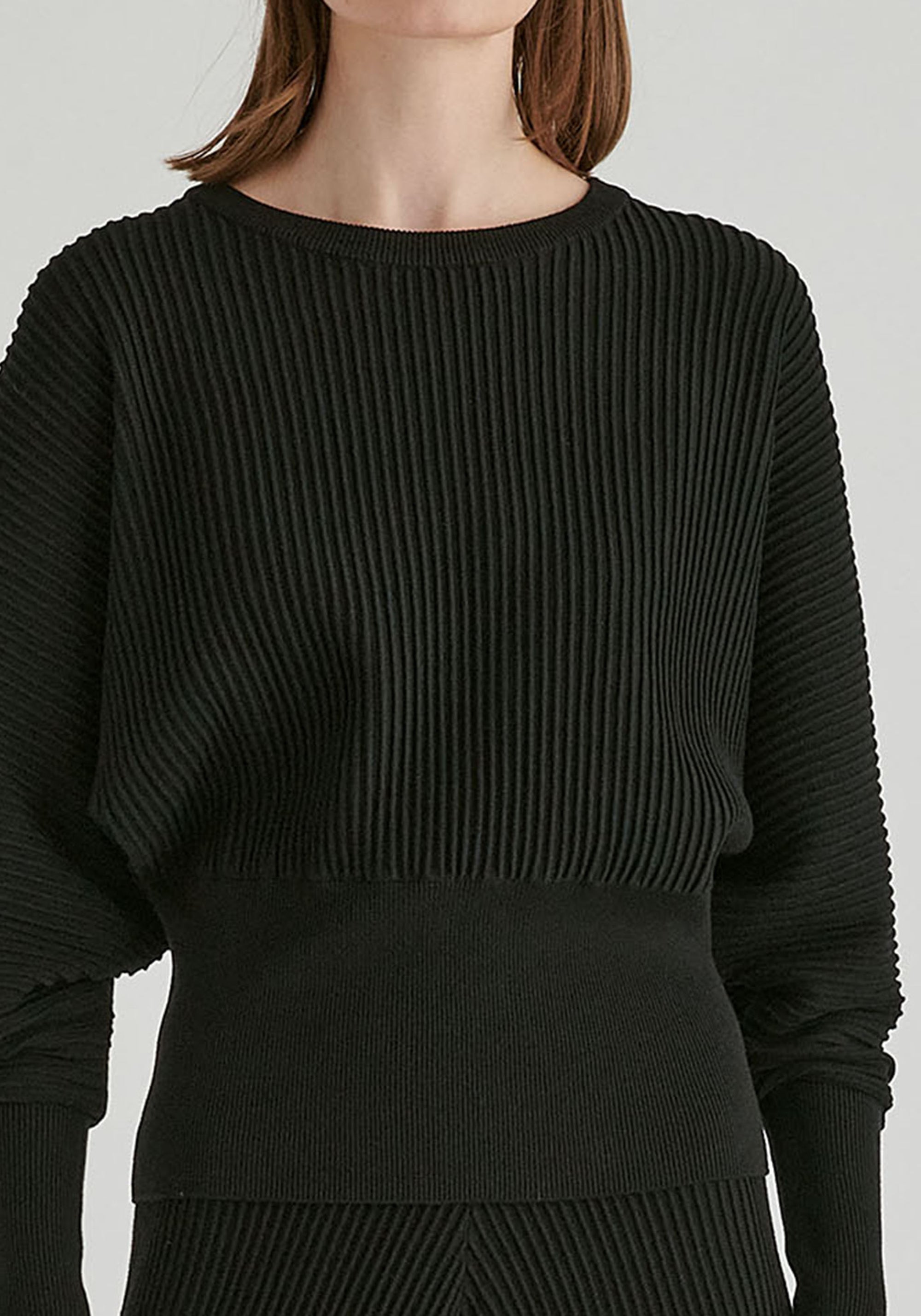 Ribbed Batwing Sleeve Knit Top with Fitted Waist