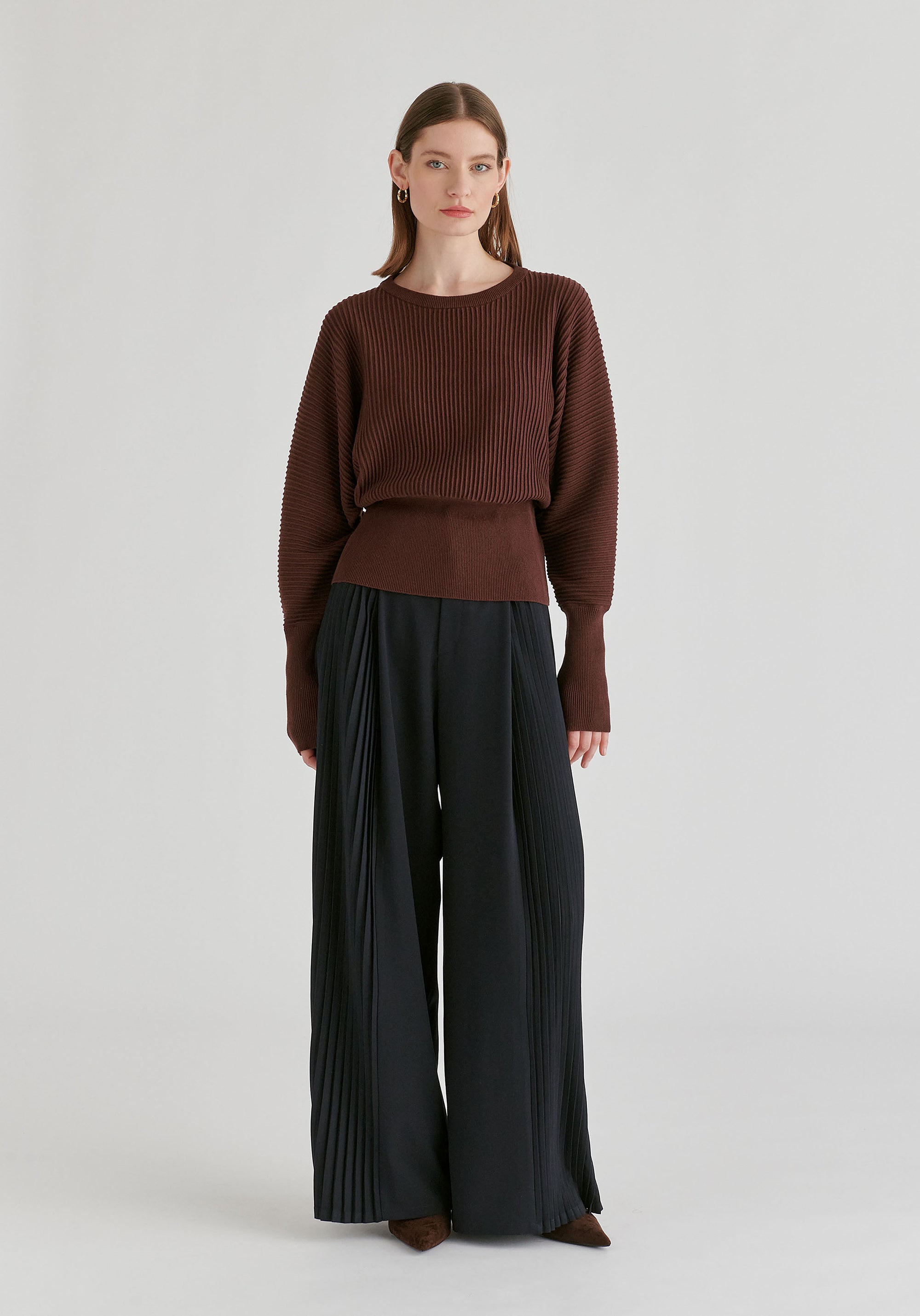 Ribbed Batwing Sleeve Knit Top with Fitted Waist