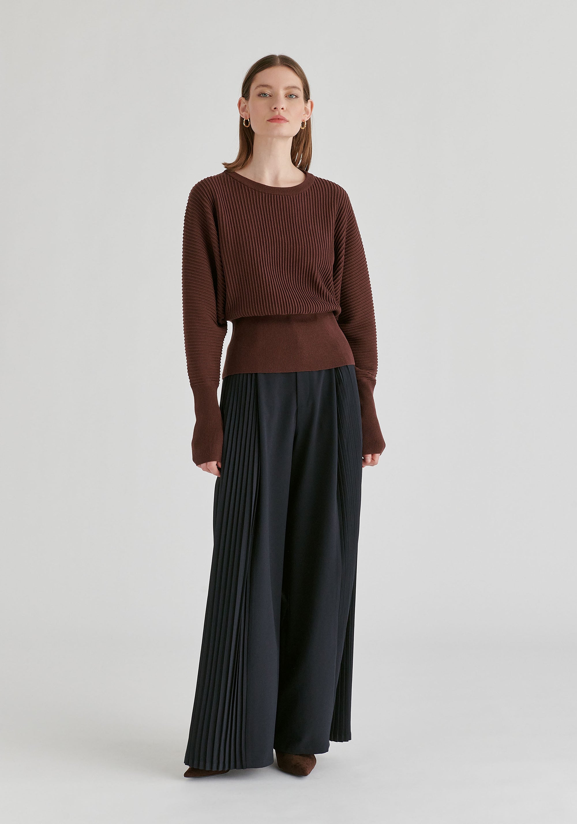 Ribbed Batwing Sleeve Knit Top with Fitted Waist