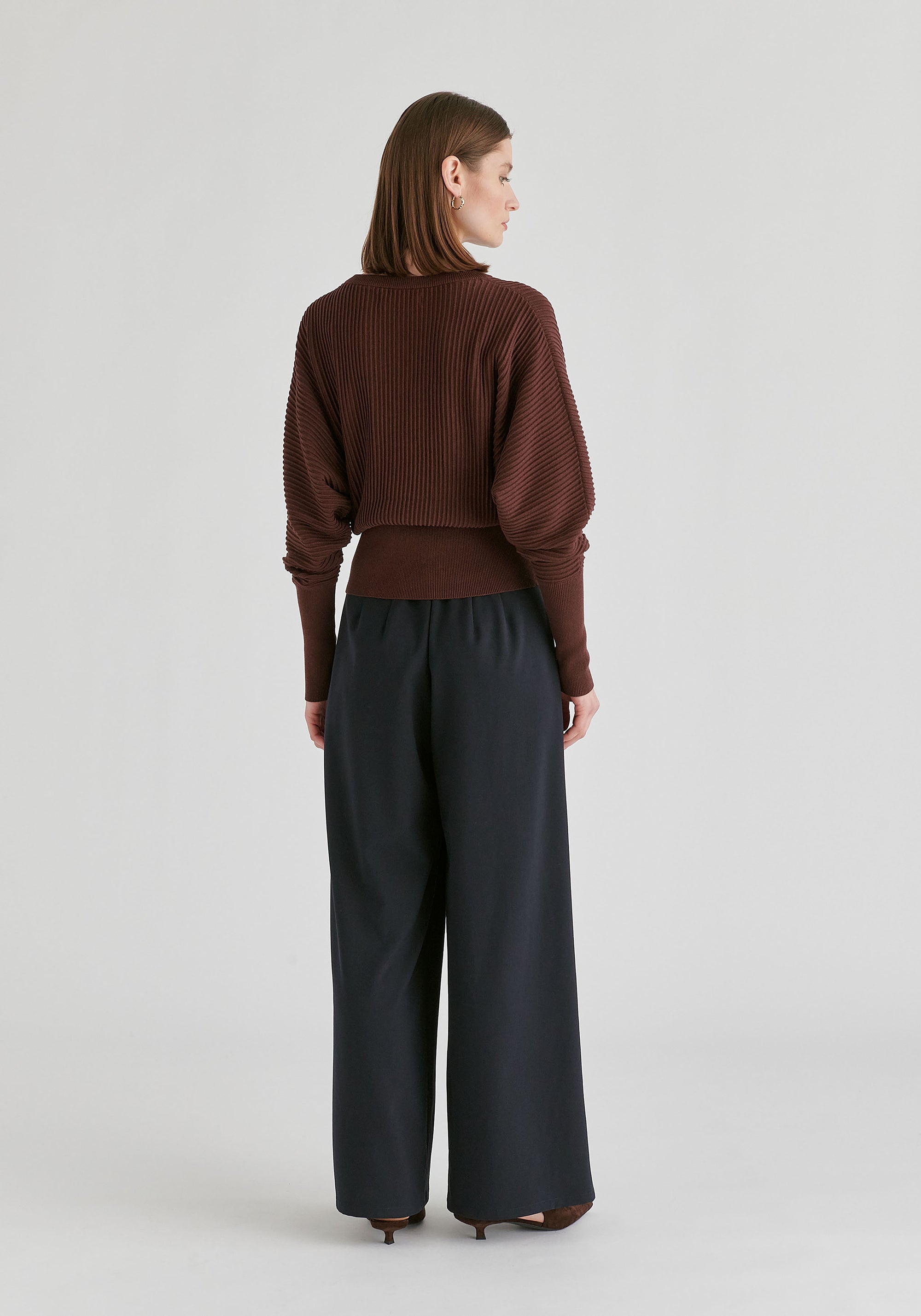 Ribbed Batwing Sleeve Knit Top with Fitted Waist