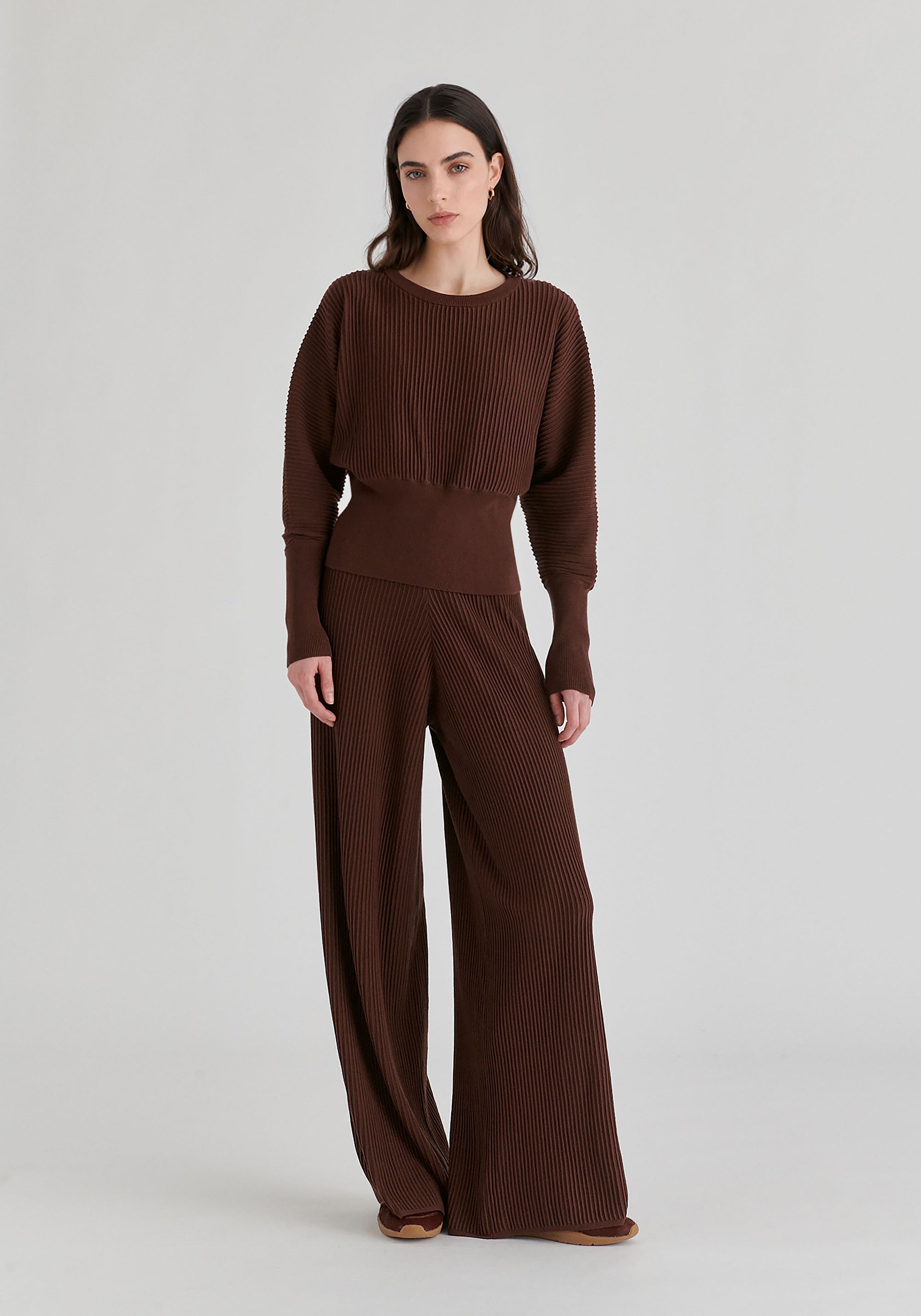 Ribbed Batwing Sleeve Knit Top with Fitted Waist