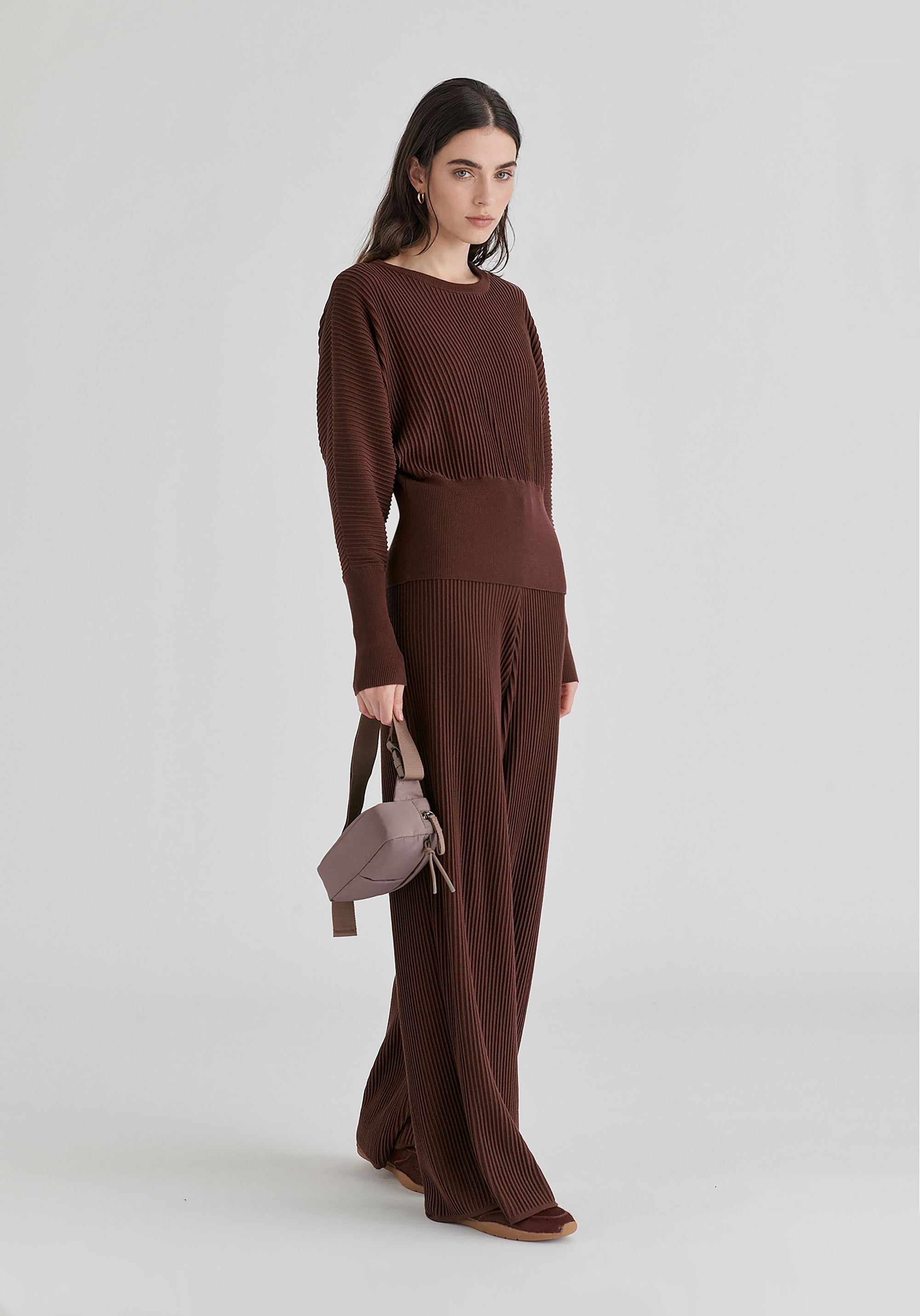 Ribbed Batwing Sleeve Knit Top with Fitted Waist