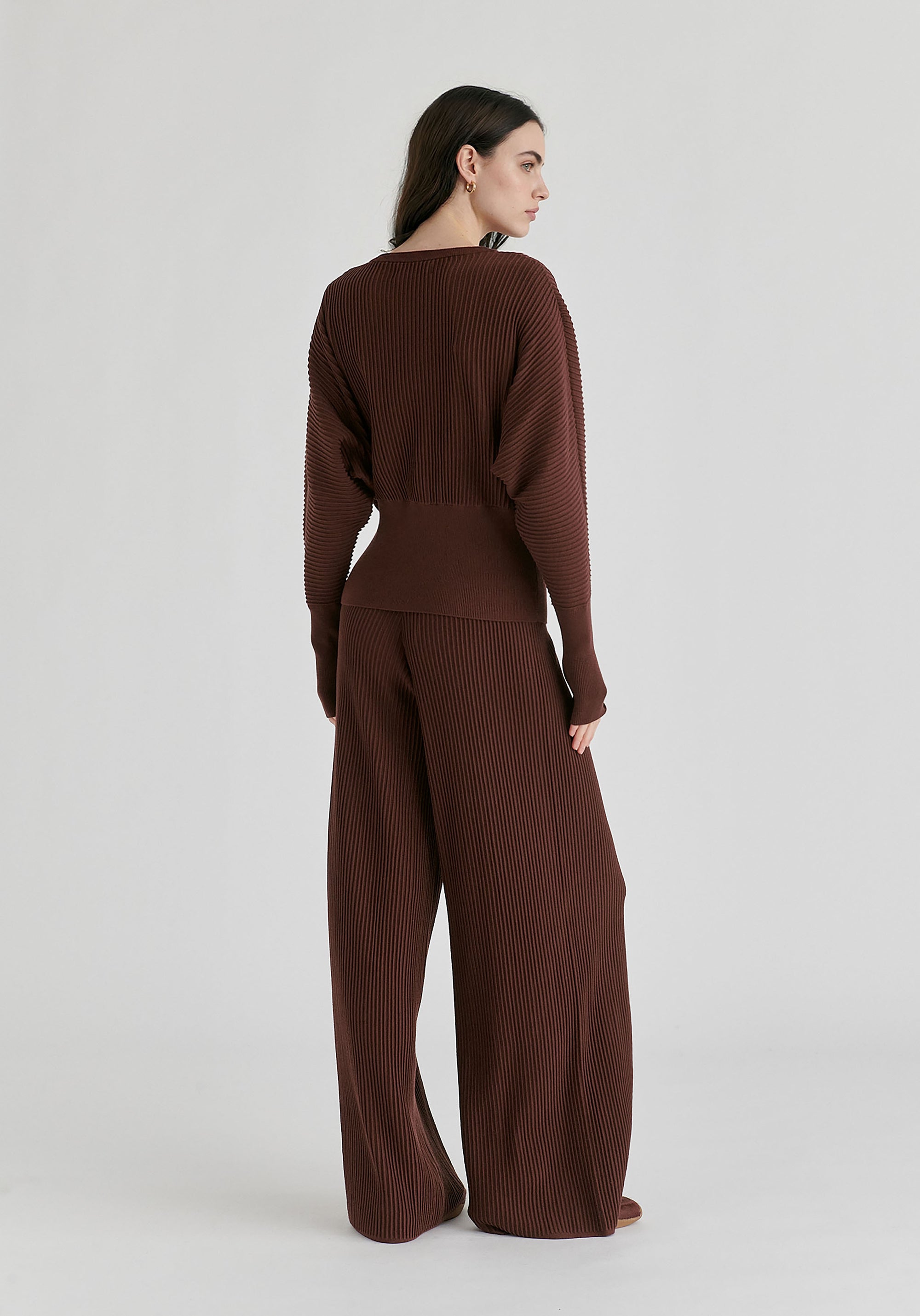 Ribbed Batwing Sleeve Knit Top with Fitted Waist