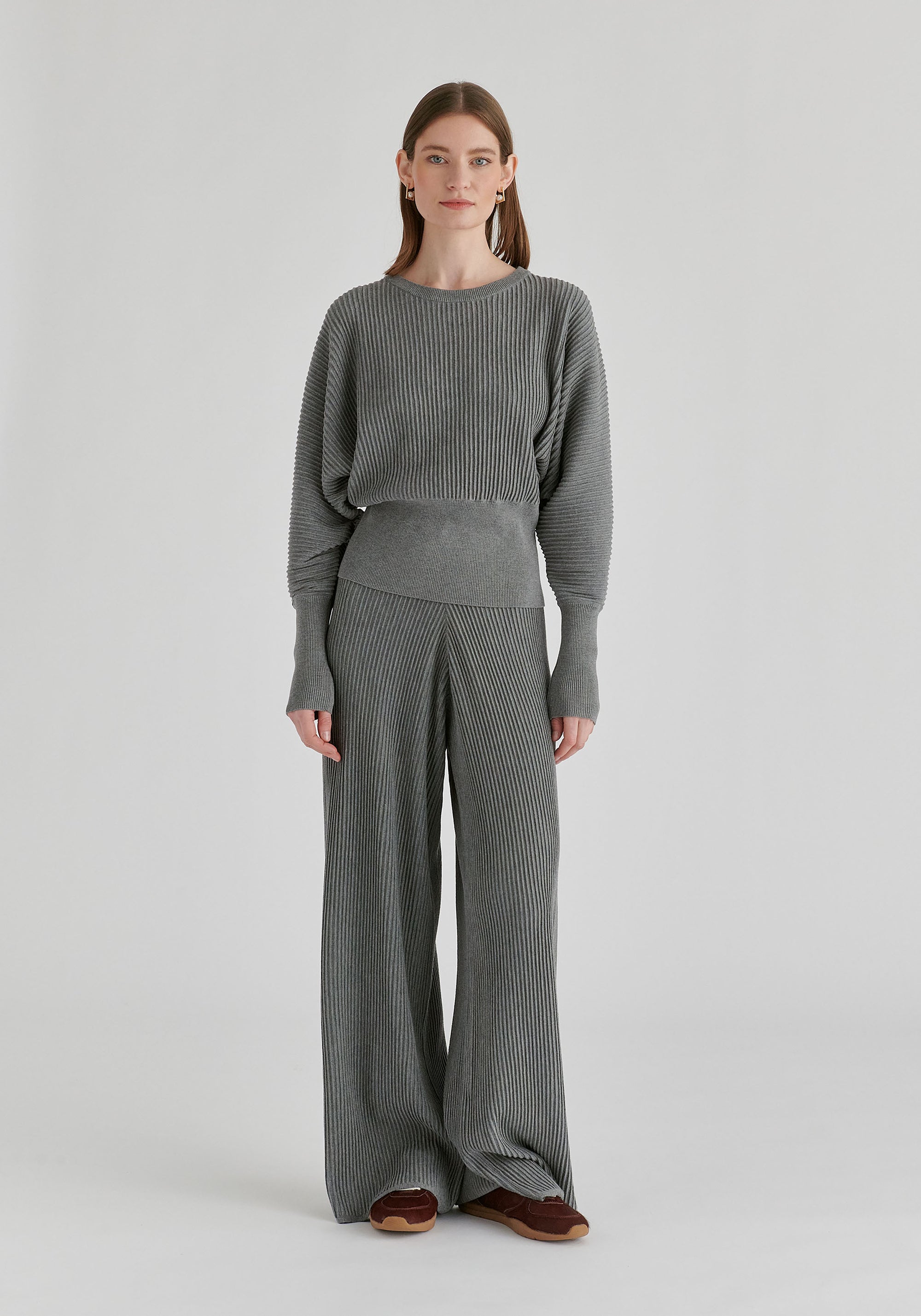 Ribbed Batwing Sleeve Knit Top with Fitted Waist